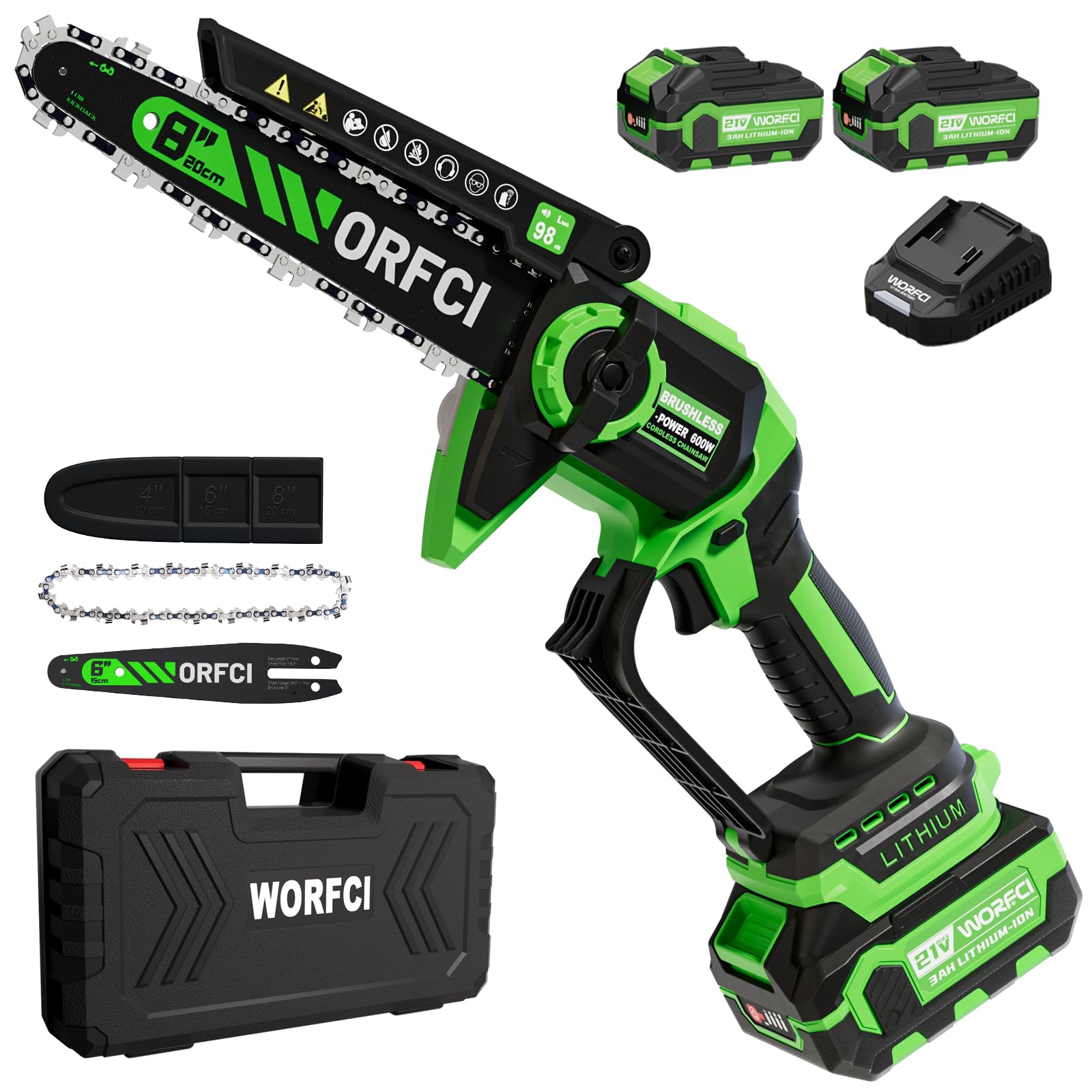 8 Pouces Mini Tronçonneuse Sans Balai Sans Fil, 2×3000mAh Batteries, Lubrification Automatique, Outil Jardinage Idéal pour Élagage Bois et Arbres