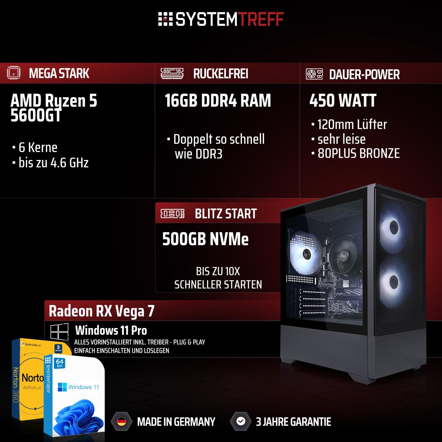SYSTEMTREFF Basic Gaming PC - AMD Ryzen 5 5600GT - 16GB RAM - 500GB M.2 SSD