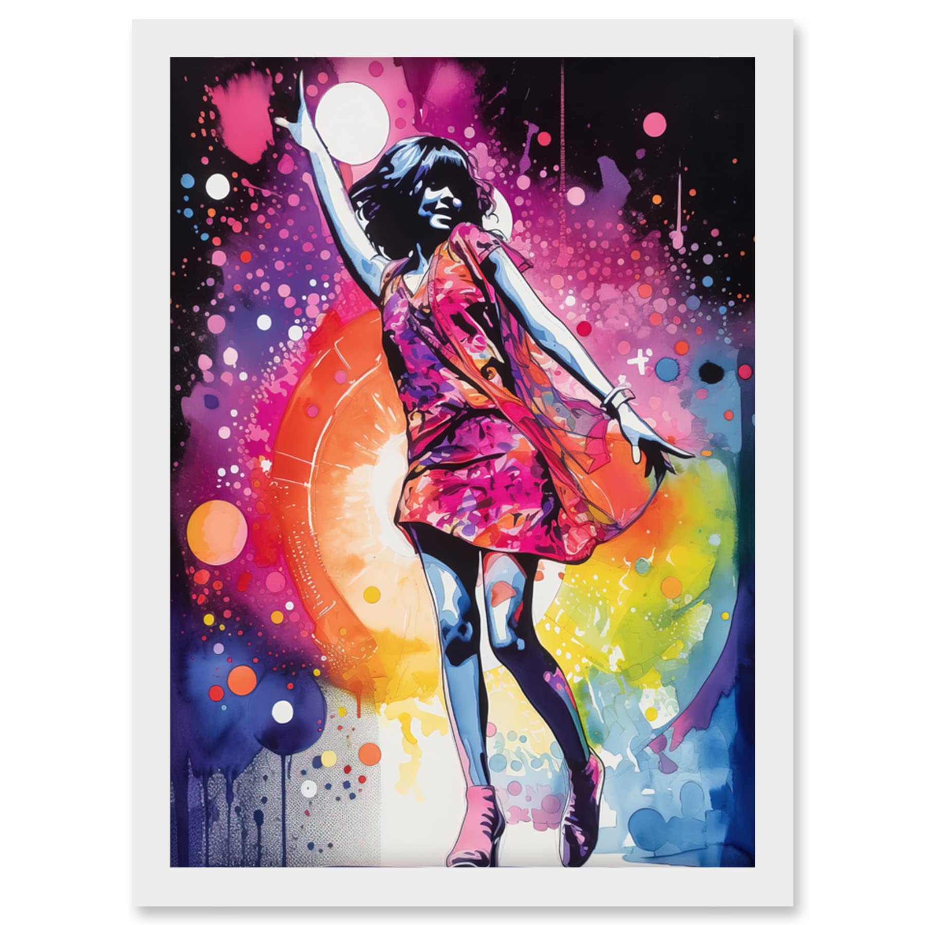 Framed Watercolour Painting Artwork Print - A4 - Rainbow Dancefloor Light - Disco Music Fever Dance Moves Woman - Modern Wall Art
