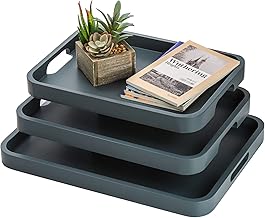 YOUEON Set of 3 Bamboo Serving Trays with Handles, 16/14/13 Inch Nesting Trays for Coffee Table, Blue Decorative Tray, Perfume Tray, Ottoman Tray, Bamboo Trays for Food, Breakfast, Coffee, Tea