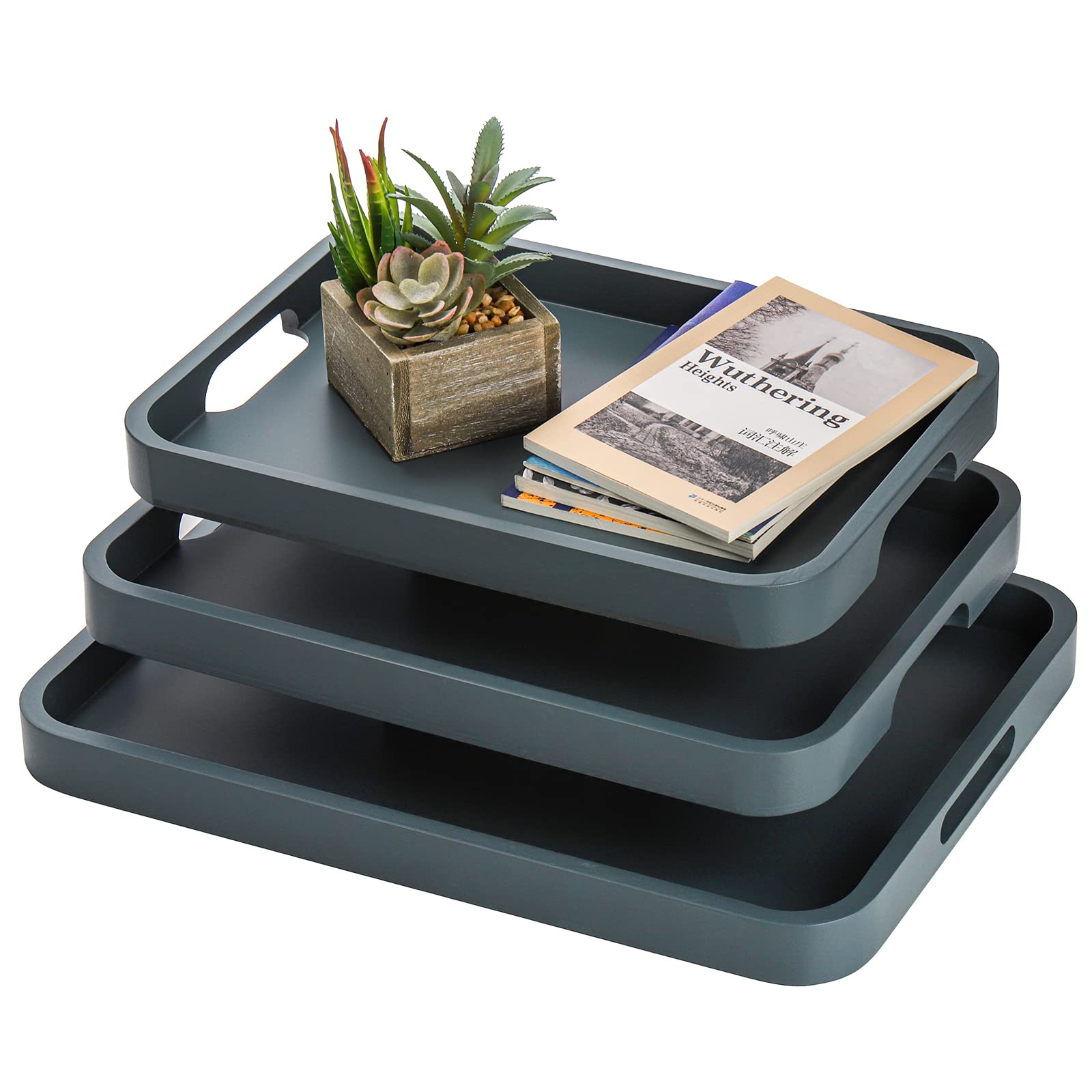 YOUEON Set of 3 Bamboo Serving Trays with Handles, 40/36/33 cm Nesting Trays for Coffee Table, Blue Decorative Tray, Perfume Tray, Ottoman Tray, Bamboo Trays for Food, Breakfast, Coffee, Tea