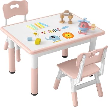 DOREROOM Adjustable Kids Table & 2 Chairs Set, 31.5" L x 23.6" W, Pink