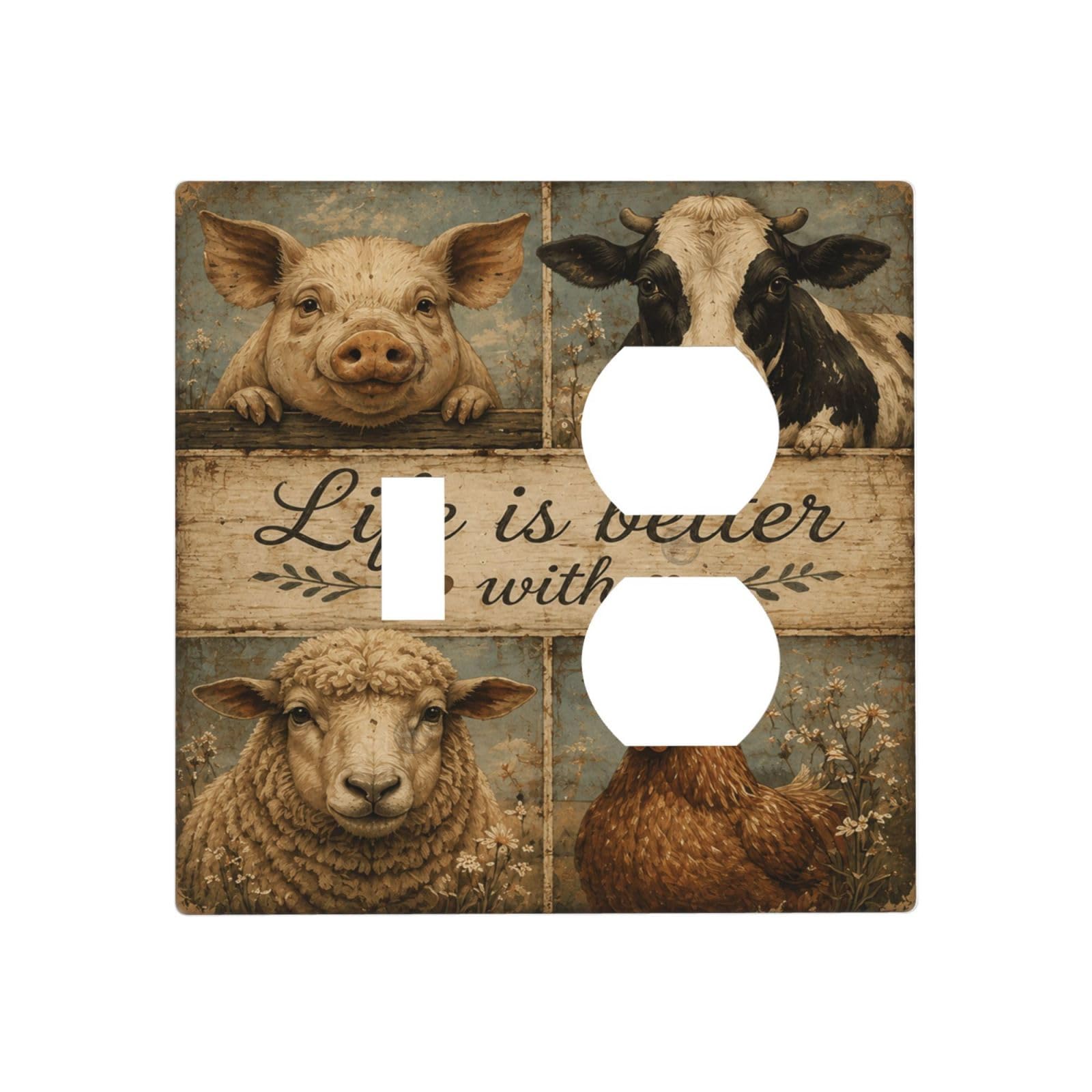 Xuejiaku Decorative Outlet Covers Vintage Farm Animal 2 Gang Combin 1 Toggle/1 Duplex Light Switch Cover Gfci Wall Plate Rustic Pig Cow Sheep Chicken Print Receptacle Switchplate for Bedroom Decor