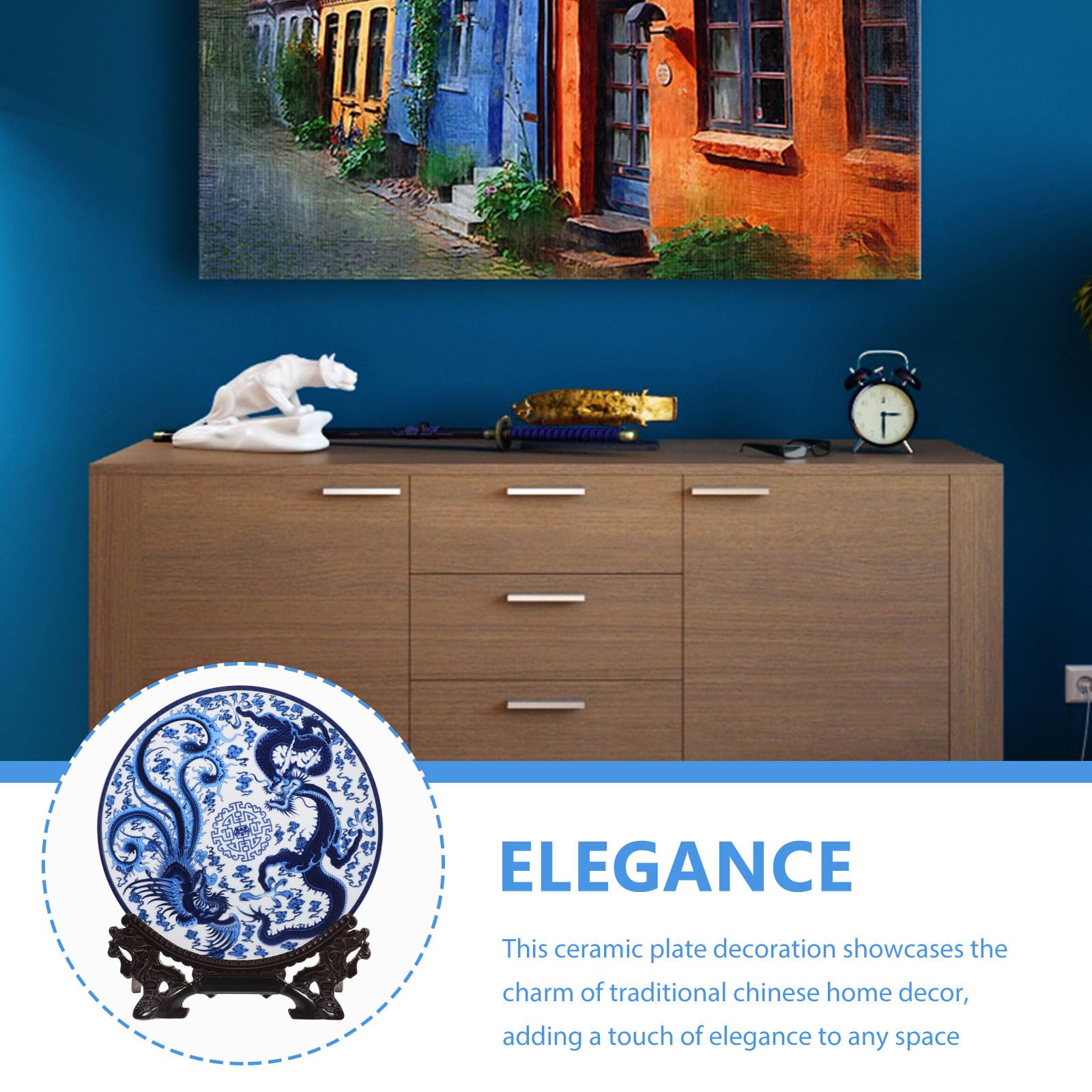 Plato Decorativo de Porcelana Azul y White, Cerámica, Estilo Chino