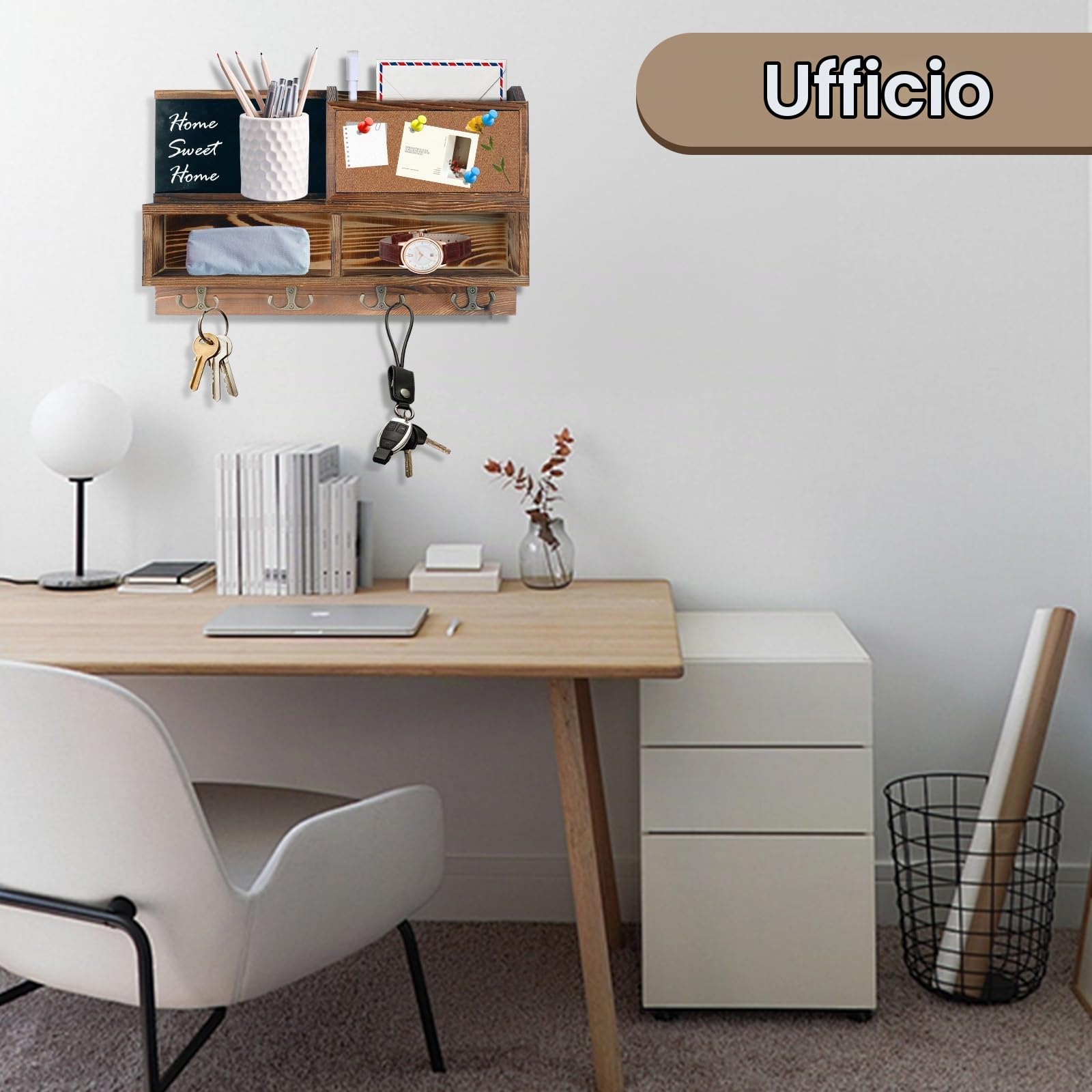 Comfoyar Portachiavi da Parete in Legno, Appendi Chiavi a Muro con Bacheca e Ripiano, Organizzatore per Lettere e Portachiavi con 4 Ganci Doppi per Ingresso, Corridoio, Soggiorno, Design Casa, Marrone