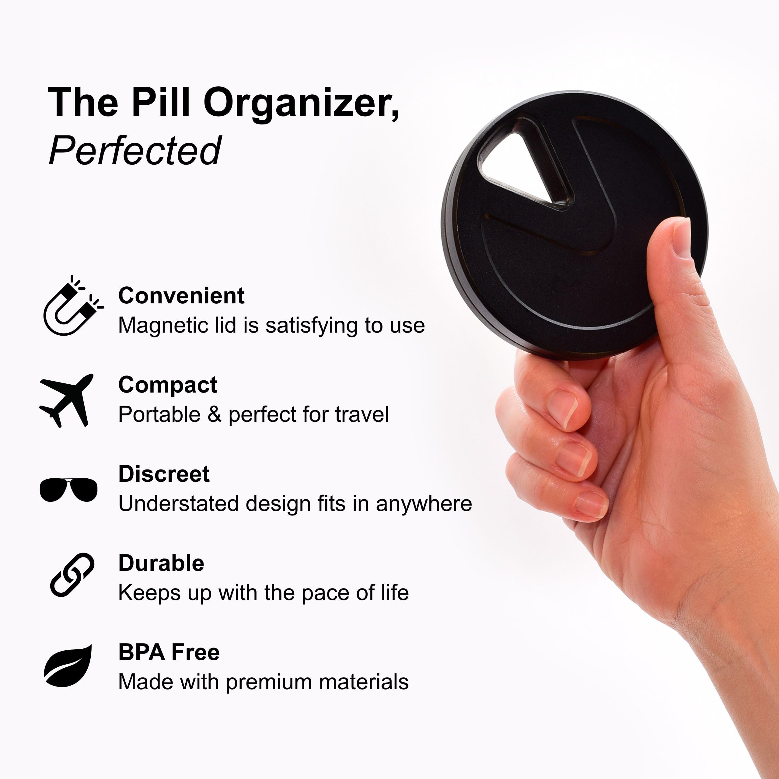 Pilulier de voyage RX – Pilulier hebdomadaire 7 jours, compact et magnétique pour sacs à main ou poches, robuste pour vitamines, suppléments, médicaments (noir furtif)