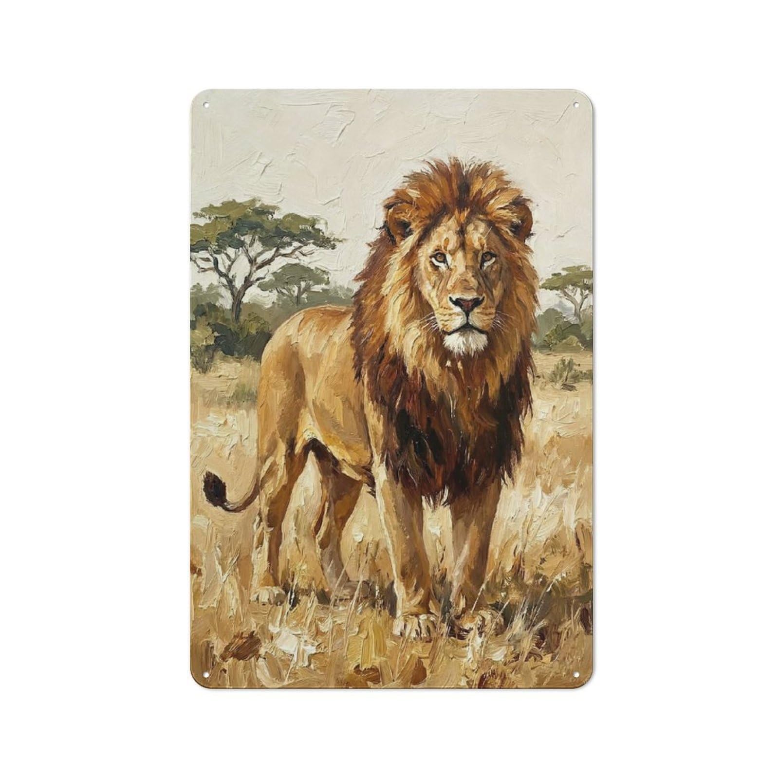 Majestic Lion in African Savannah Retro Metal Sign 30x20cm, Distressed Look Retro Room Decor for Living Room, Hallway, Kitchen Or Cafe