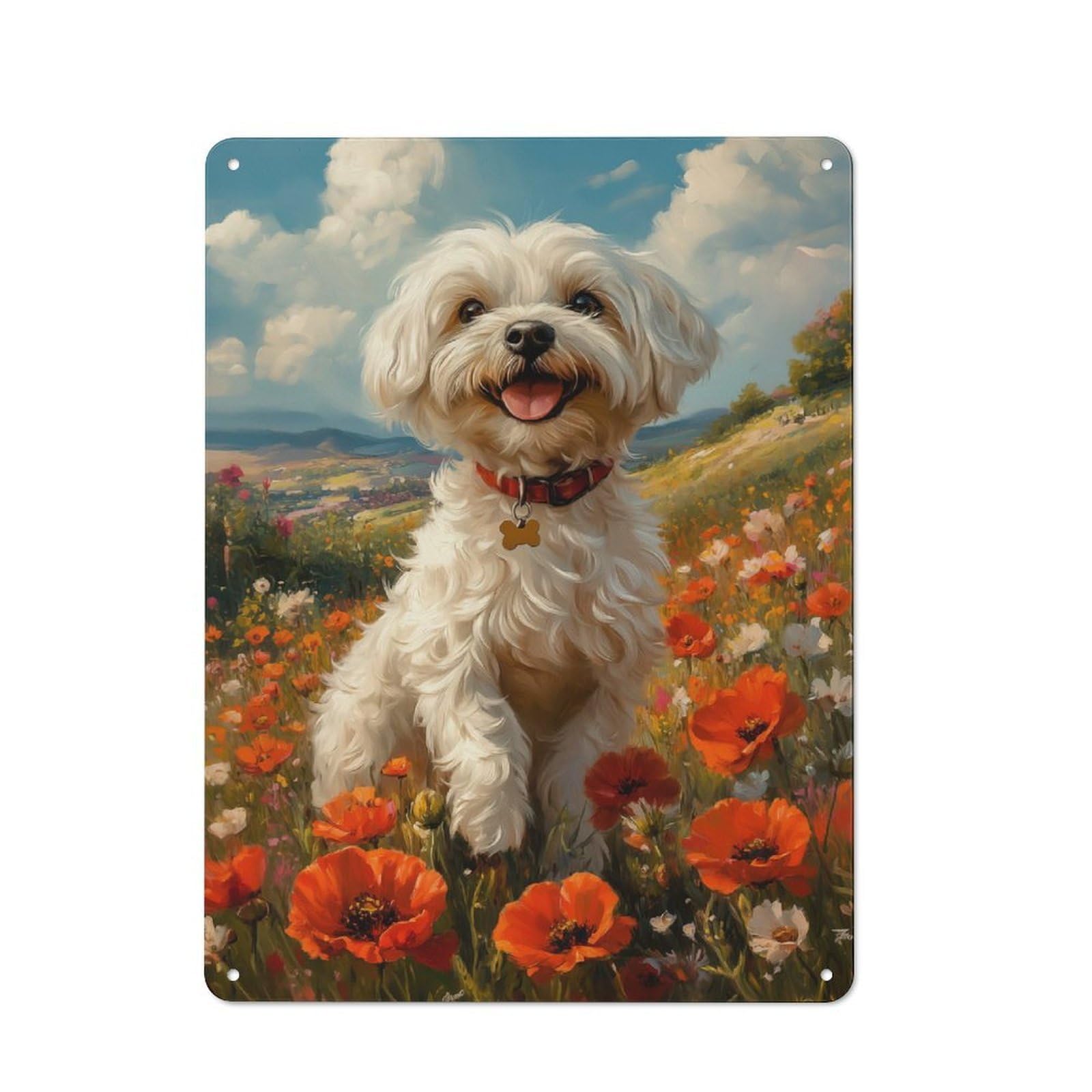 Junmoney Style-15 Havanese Dog In Poppy Field Decorative Tin Plaque 40X30cm, Vintage Bar Wall Plaque For Bar, Kitchen, Garage Or Games Room