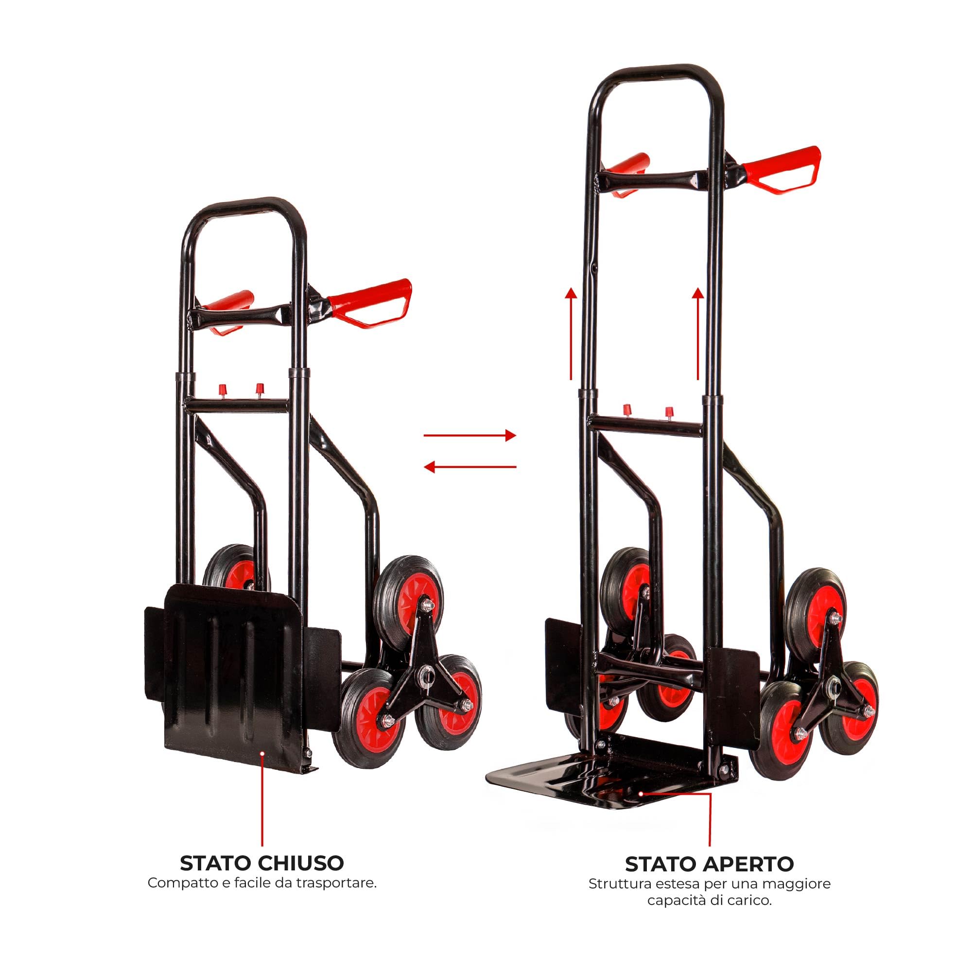 IlGruppone Carrello Portapacchi per Scale Pieghevole con 6 Ruote in Gomma Portatutto capacità Carico 150 kg Altezza Regolabile - Rosso