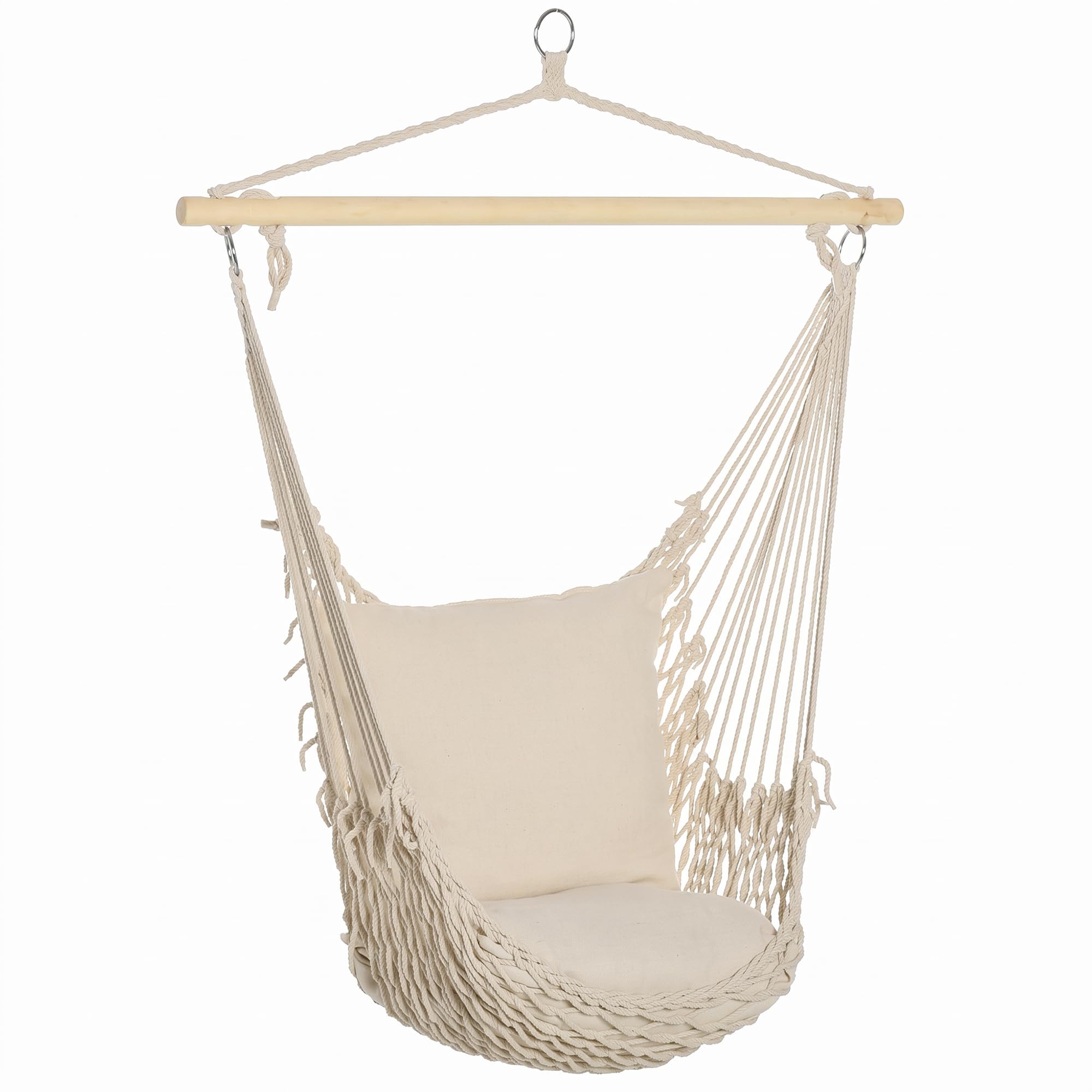 Outsunny Silla Colgante Columpio Hamaca Barra de Madera 120 kg Crema | Con 2 Cojines de Algodón, Para Interior y Exterior, Jardín