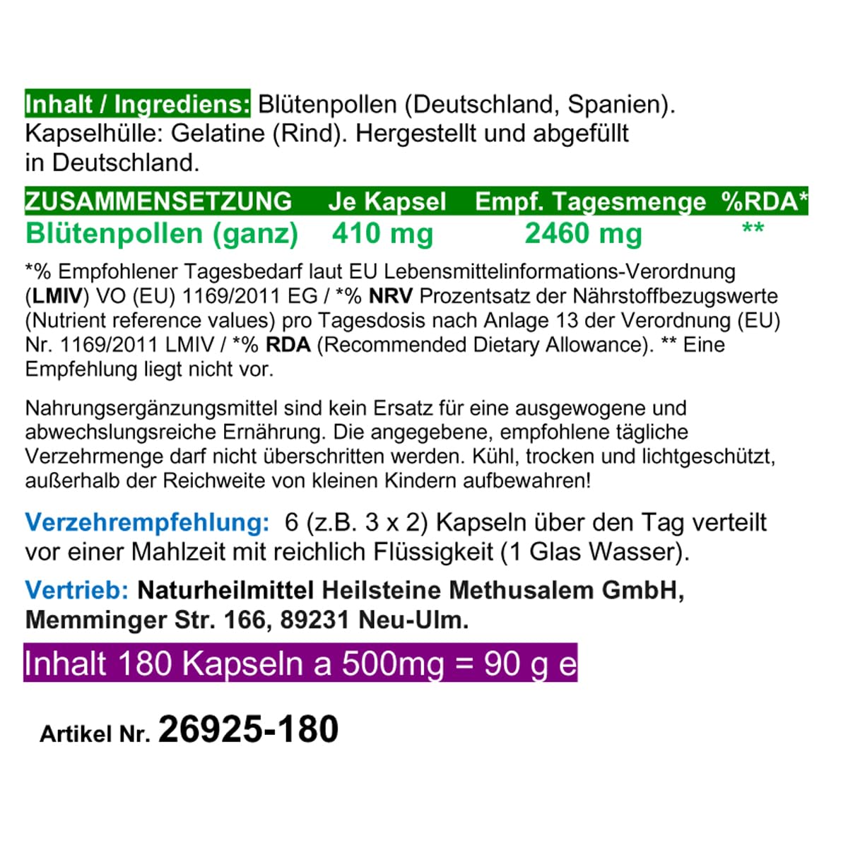 BLÜTENPOLLEN - GANZE Bienenpollen in Kapseln - MultiVitamin + MultiMineral SUPERFOOD der NATUR - 360 (2x180) Kapseln Imkerqualität - HOCHWIRKSAM. OHNE ZUSATZSTOFFE. 26925-4