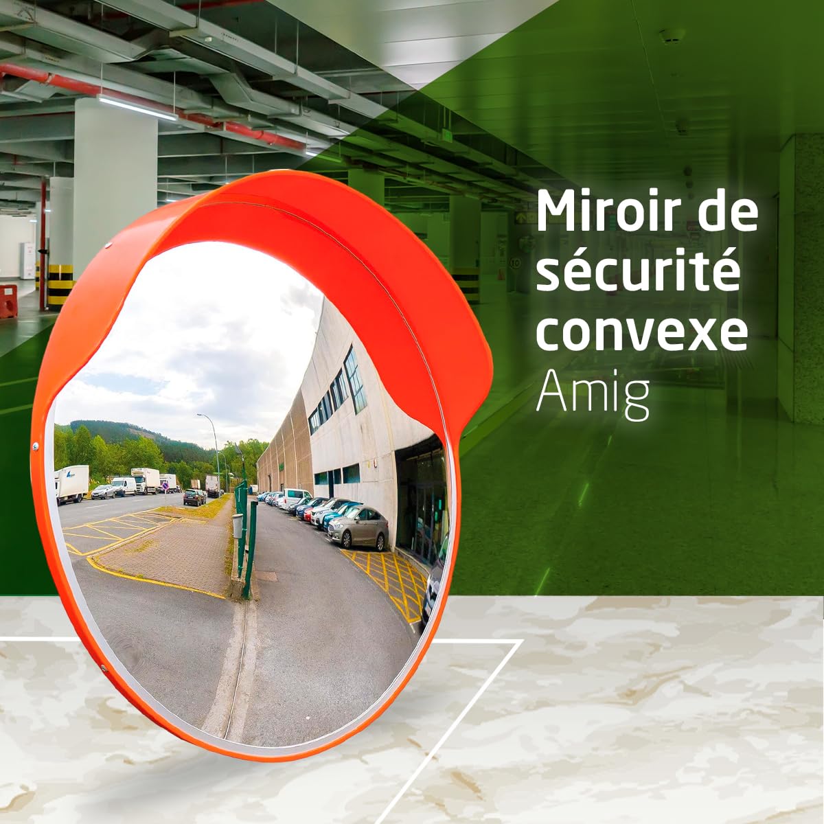 Amig - Miroir convexe de sécurité et de surveillance avec visière Ø60 cm de diamètre - Miroir de circulation - Vision des angles mortscolonnes et coins dans les commerces et garages - Couleur : Orange