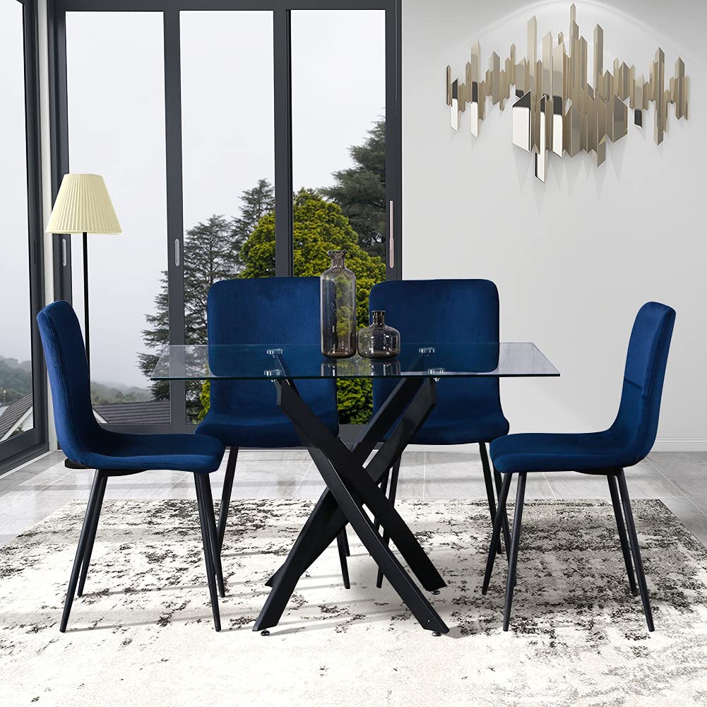 Buy GOLDFAN Round Dining Table and 4 Chairs Glass Kitchen Table Black Metal Legs and Velvet Seat