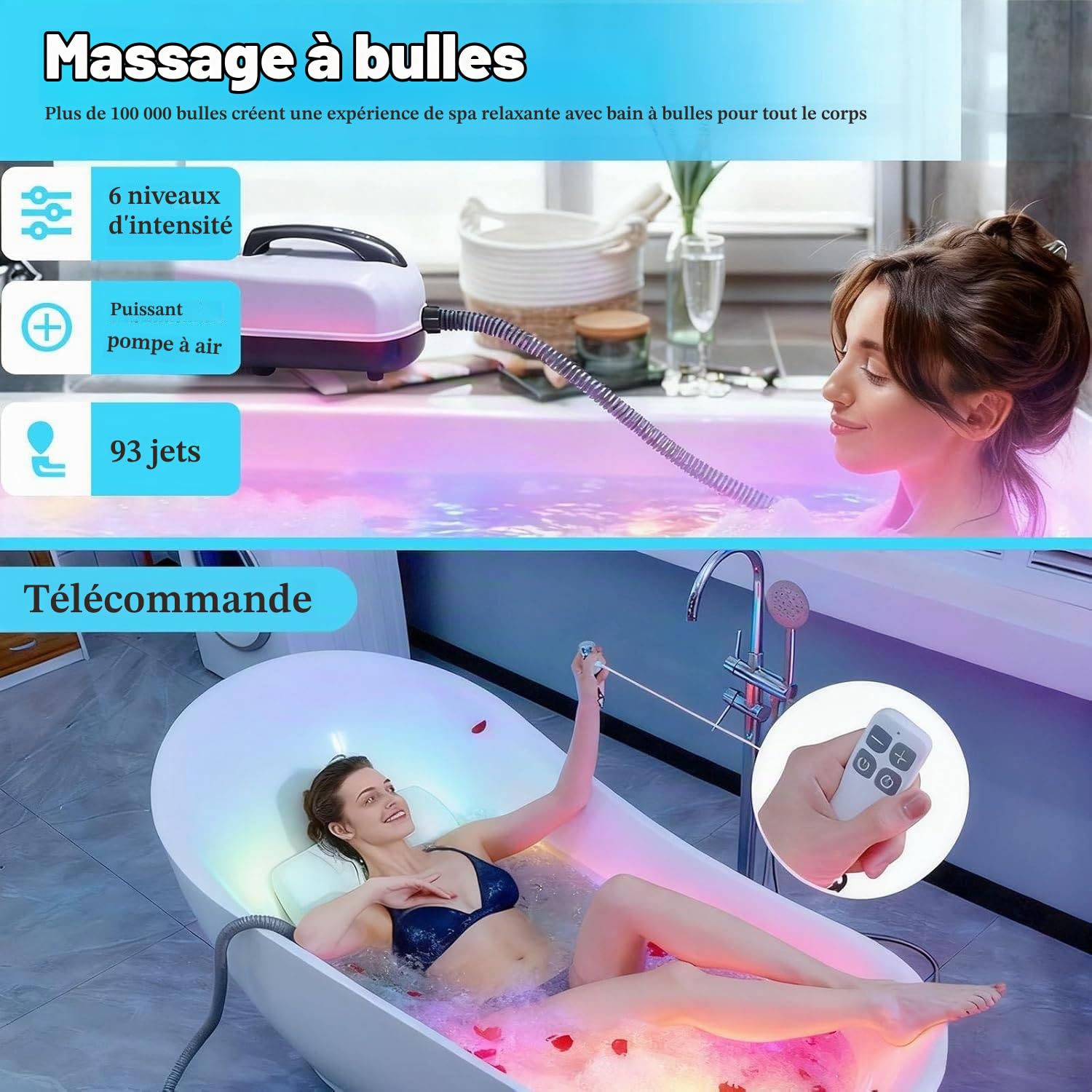Tapis De Bain à Remous Portable pour Spa, Baignoire à Tapis à Bulles avec 6 Niveaux Réglables Et Télécommande, Pompe à Air Et Lumières LED, Machine à Bulles pour Baignoire