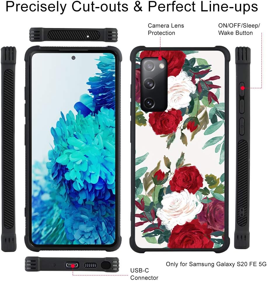OOK Designed for Samsung Galaxy S20 FE 5G Case Red Rose Flower Floral Design Slim Hybrid TPU Bumpers Full Protective Phone Cover with Lanyard Strap Holder for Women Girls 6.5 Inch