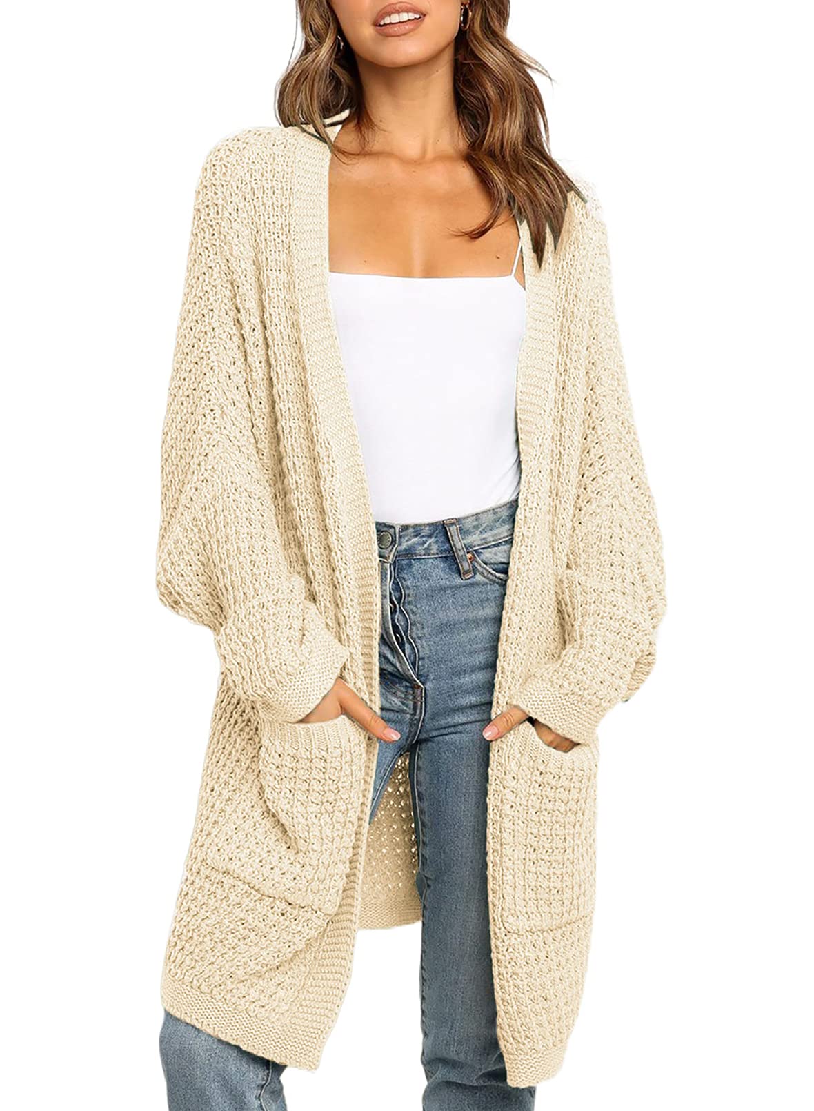 Uusollecy Cardigan Mujer Larga Chaqueta Punto Grueso Monocolor para Otoño e Invierno Abrigo Informal con Bolsillo