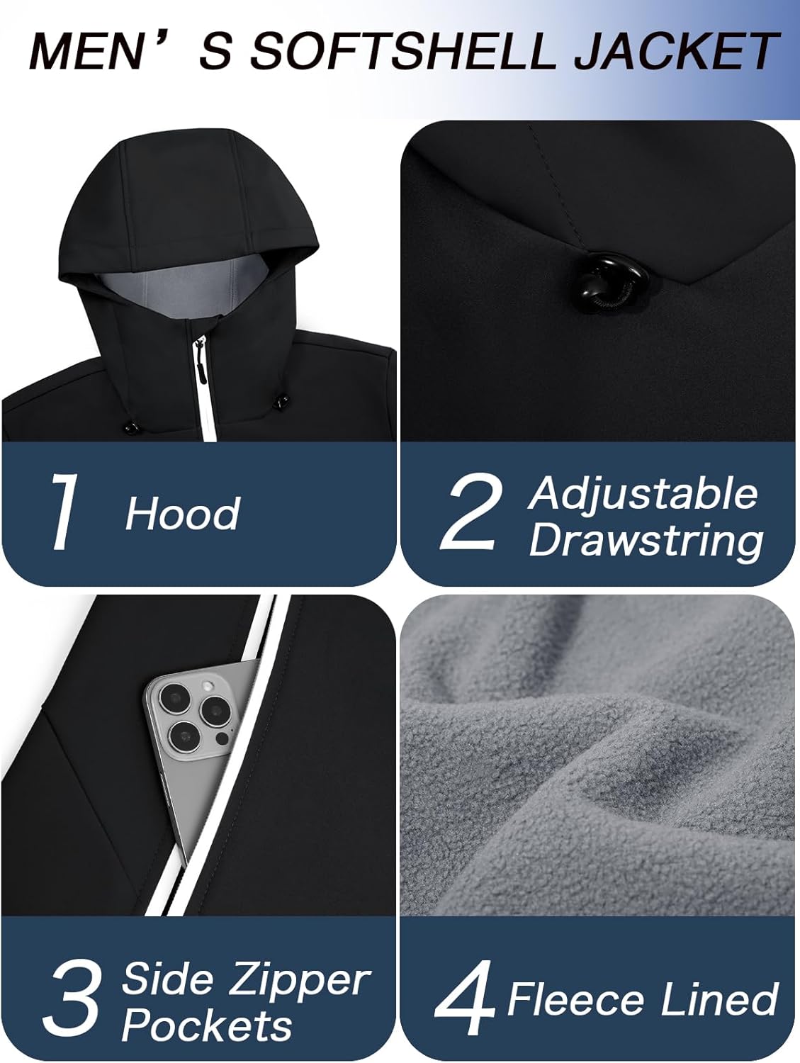 Runcati Mens Softshell Jacket Fleece Lined Windbreaker Color Block Rain Coat Waterproof Hooded Jackets for Hiking - Image 6