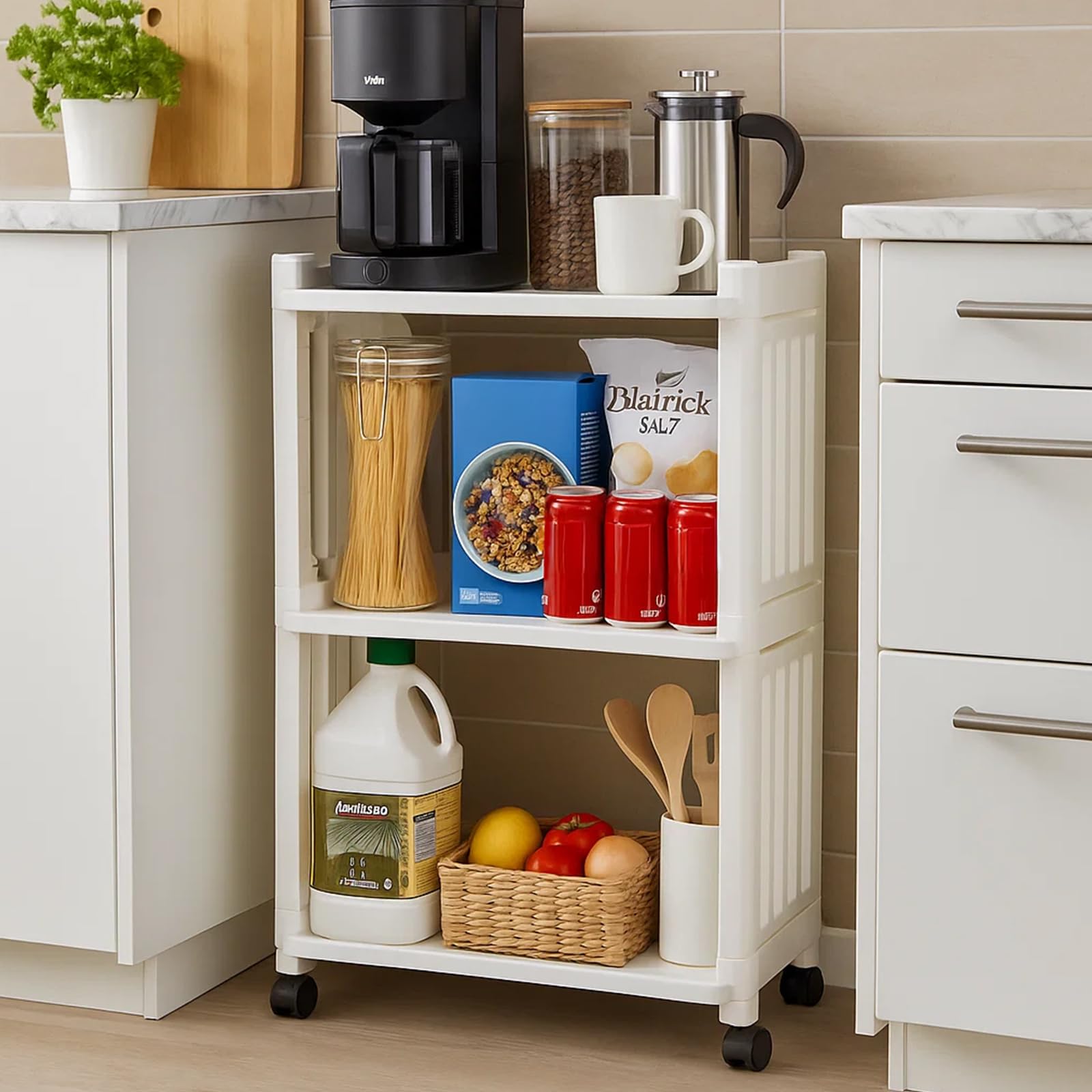 Sunnynest White 3-Tier Storage Trolley Slide Out Rolling Cart Mobile Storage Shelving Organizer For Kitchen, Bathroom, Laundry Room, Bedroom, Narrow Places