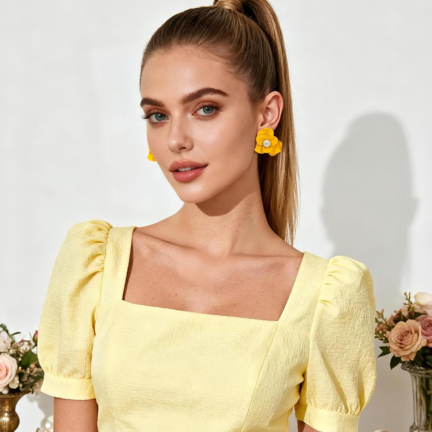 Floral Stud Earrings Chunky Flower Pearl Earrings for Women, Statement Colorful Orange Yellow Resin Flower Jewelry for Spring - Image 2