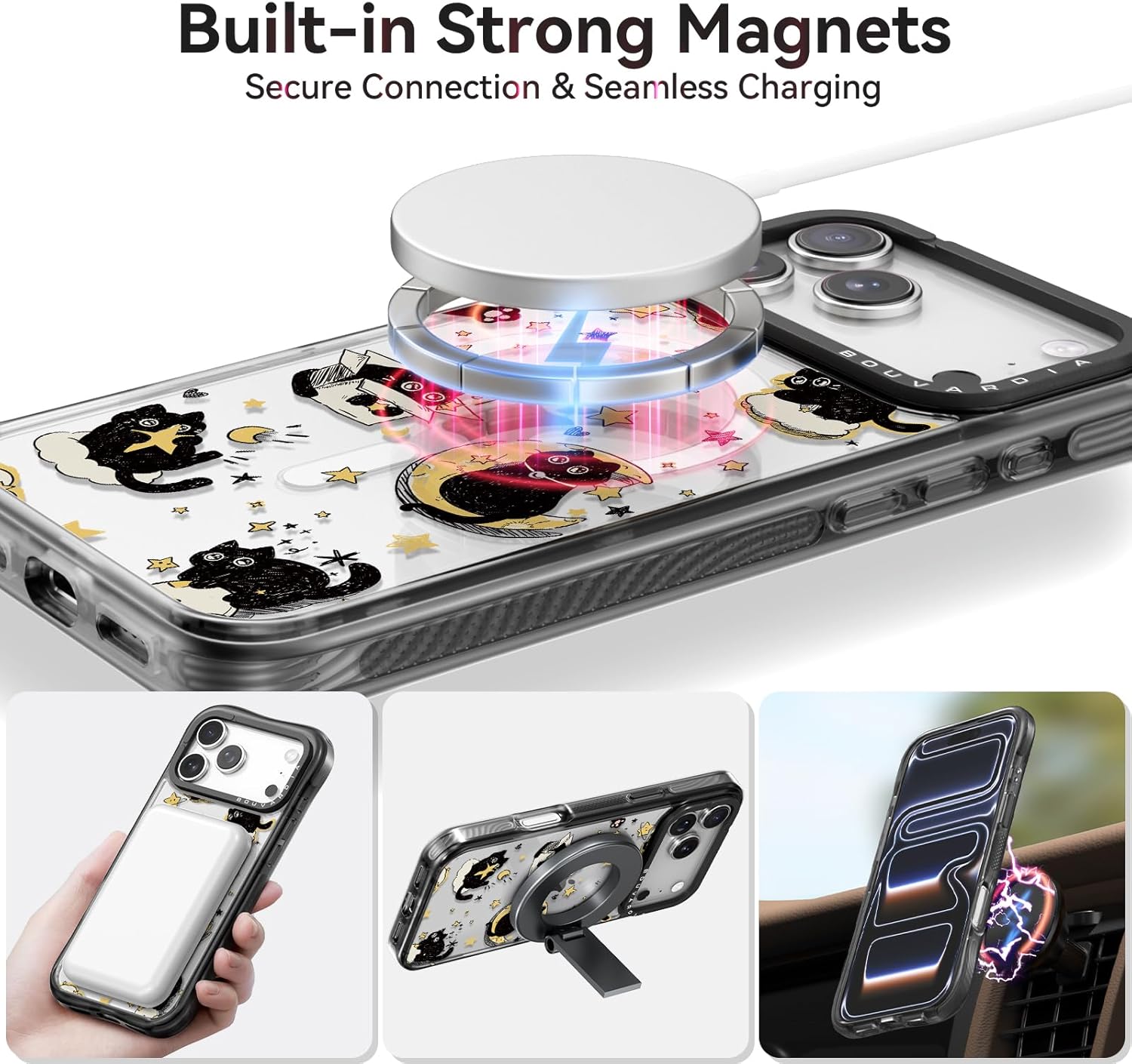 Bouvardia for iPhone 17 Pro Max Case, Compatible with Magsafe, Cute Design for Women & Girls, Protective & Aesthetic, Cats & Stars