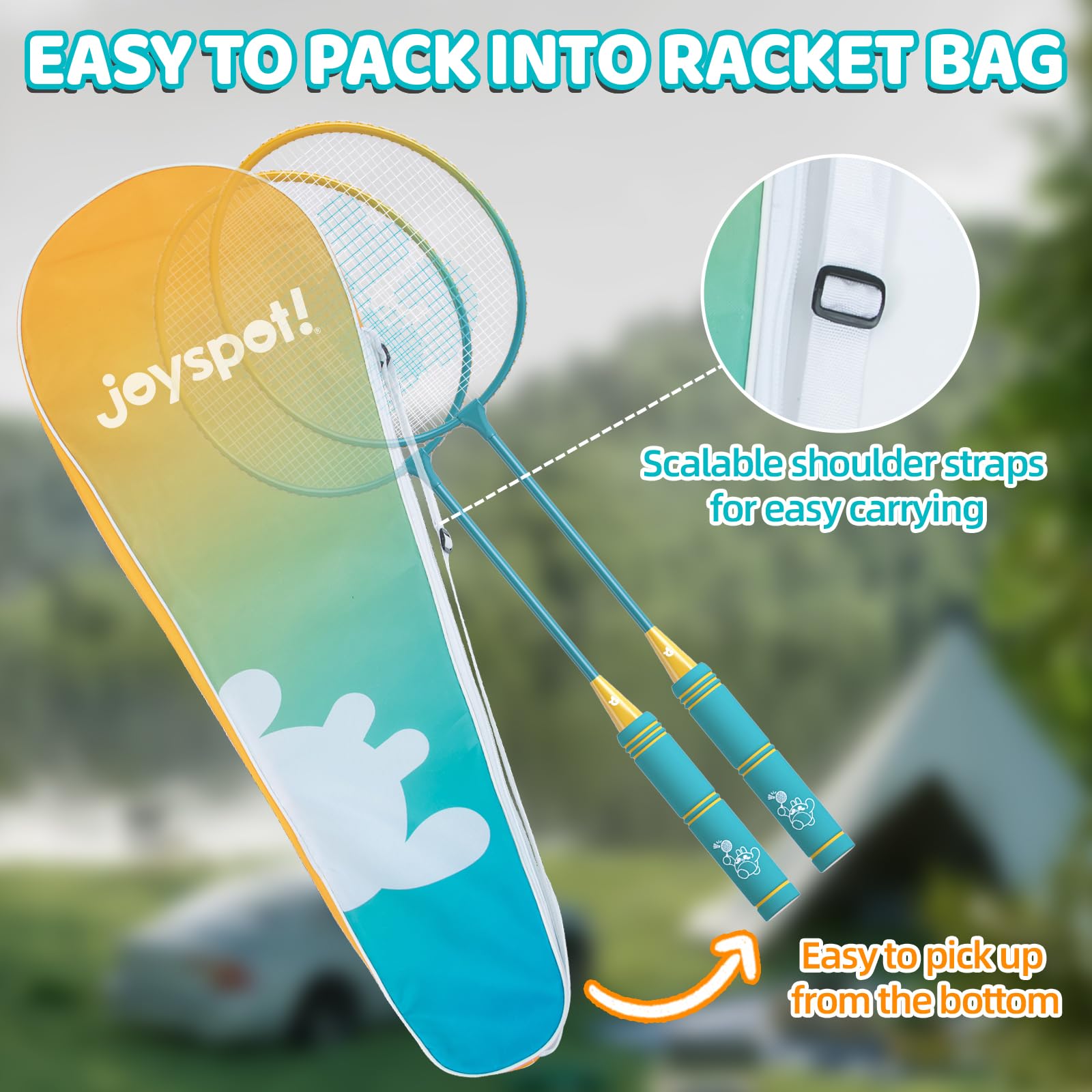 JOY SPOT! Federball Schläger Set of 4, Leichter Badminton Schläger Set mit Tragetasche für Indoor Outdoor, 6 Federbälle & 4 Ersatz-Griffbänder, Sportspiel für Erwachsene & Anfänger