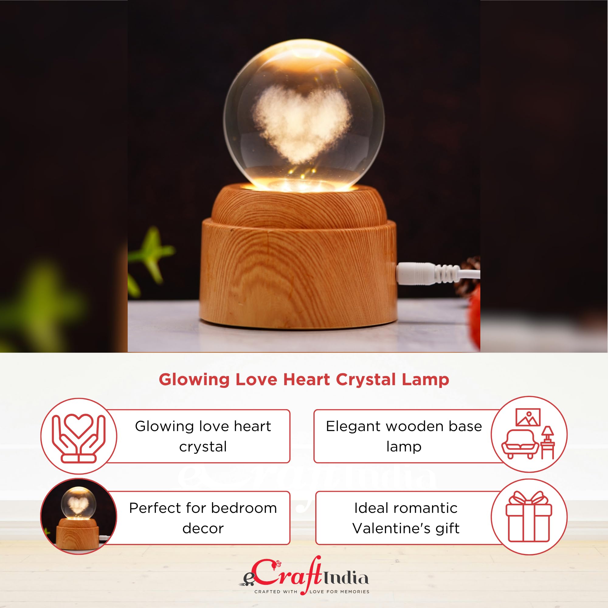 eCraftIndia Glowing Love Heart Transparent Crystal Ball Night Lamp with Wooden Base Showpiece | Table Lamp for Home Decor Bedroom Hotel Living Room Romantic Gift for Valentine Day Birthday Anniversary 3