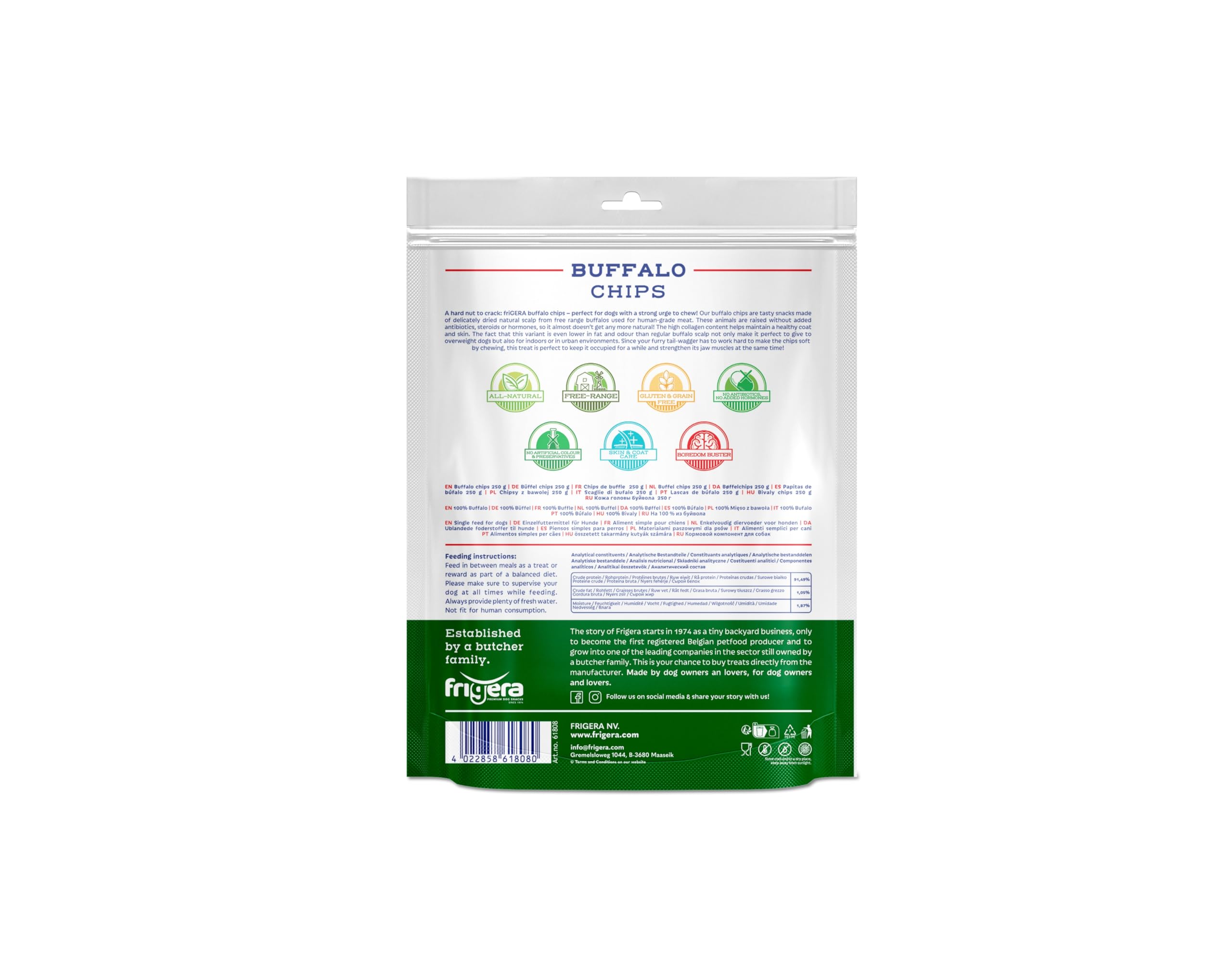 Frigera Chips de Buffle 250g – Friandises Naturelles et Riches en protéines pour Chiens, sans Gluten ni céréales, Snacks de qualité sans additifs