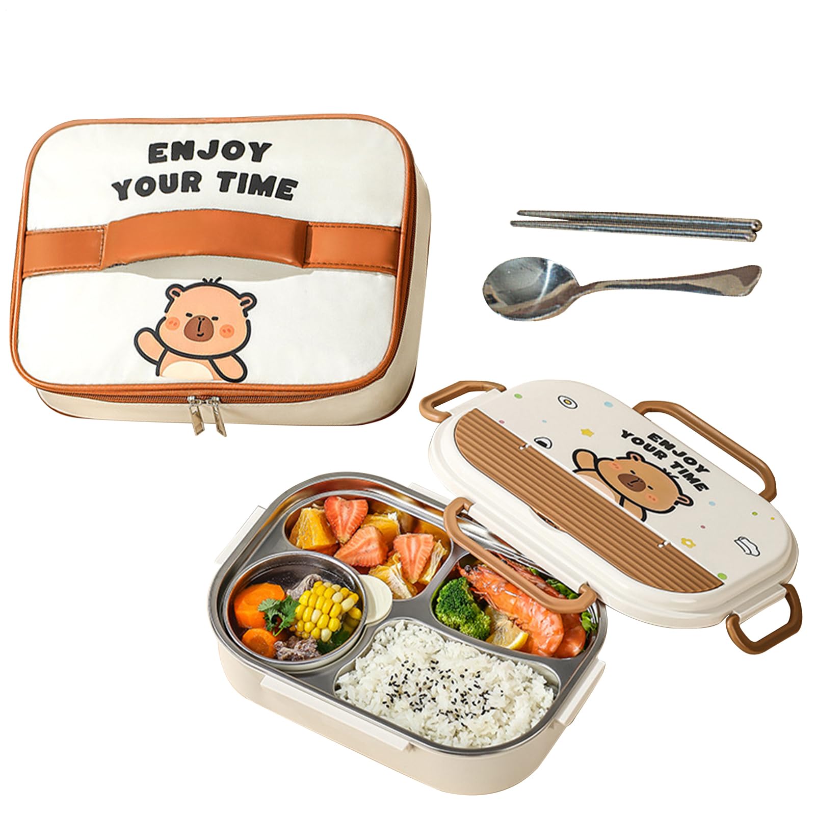 Boîte Repas En Acier Inoxydable Pour ,Boîte Collation Acier Inoxydable 4 Compartiments avec Couverts - Stockage Nourriture Anti-Fuites avec Sac Transport,Pour Sortie Garderie École Bureau Campin