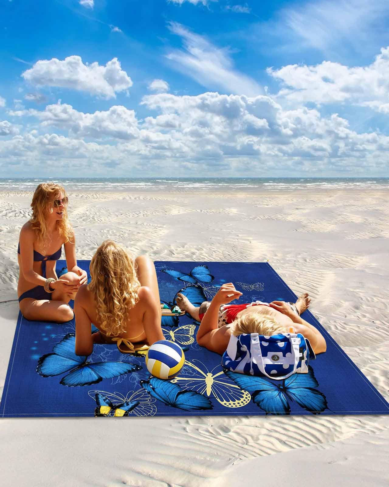 Watercolor Blue Butterfly Beach Blanket Extra Large 108x84in Outdoor Waterproof Sandproof Picnic Blankets with Stakes Lightweight Beach Mat for Camping Travel,Farmhouse Colorful Butterflies Flower