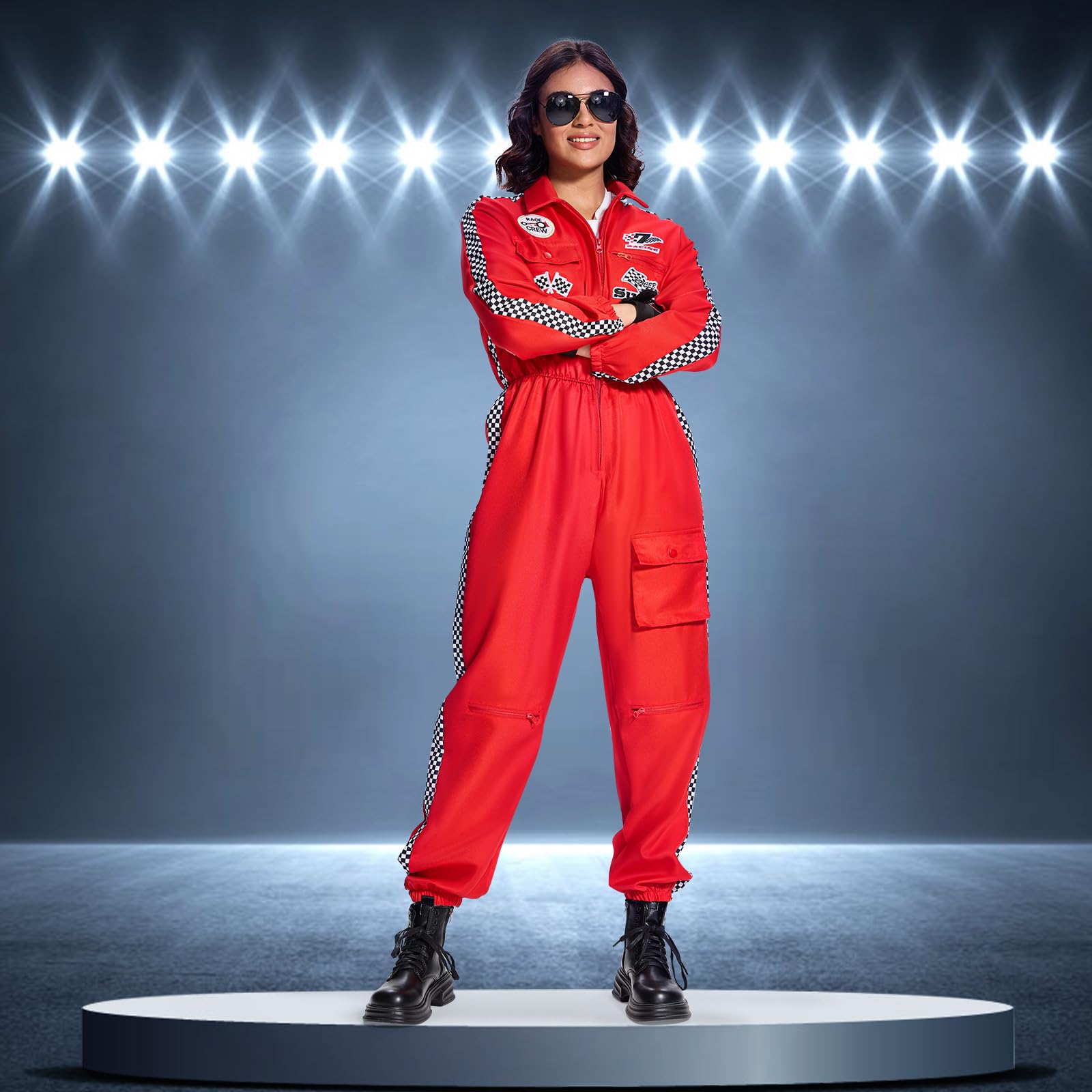 BuzzoXerex Rennfahrer Kostüm Damen, Rennfahrer Anzug Damen mit Handschuhe, Hüte, Sonnenbrille Rennfahrer Kostüm Overall Jumpsuit für Karneval, Party, Cosplay (Rot, M)