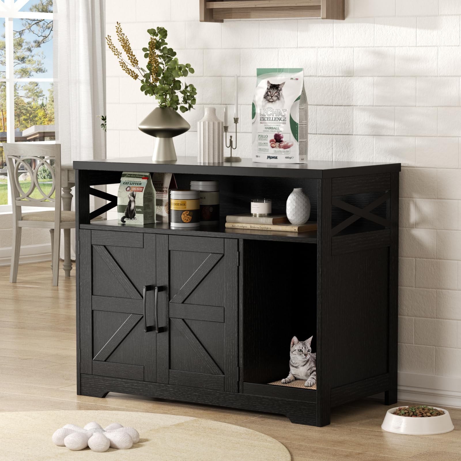 Halitaa Cat Litter Box Enclosure, Hidden Litter Box Furniture with Scratch Pad, Farmhouse Indoor Cat House Washroom End Table, Black