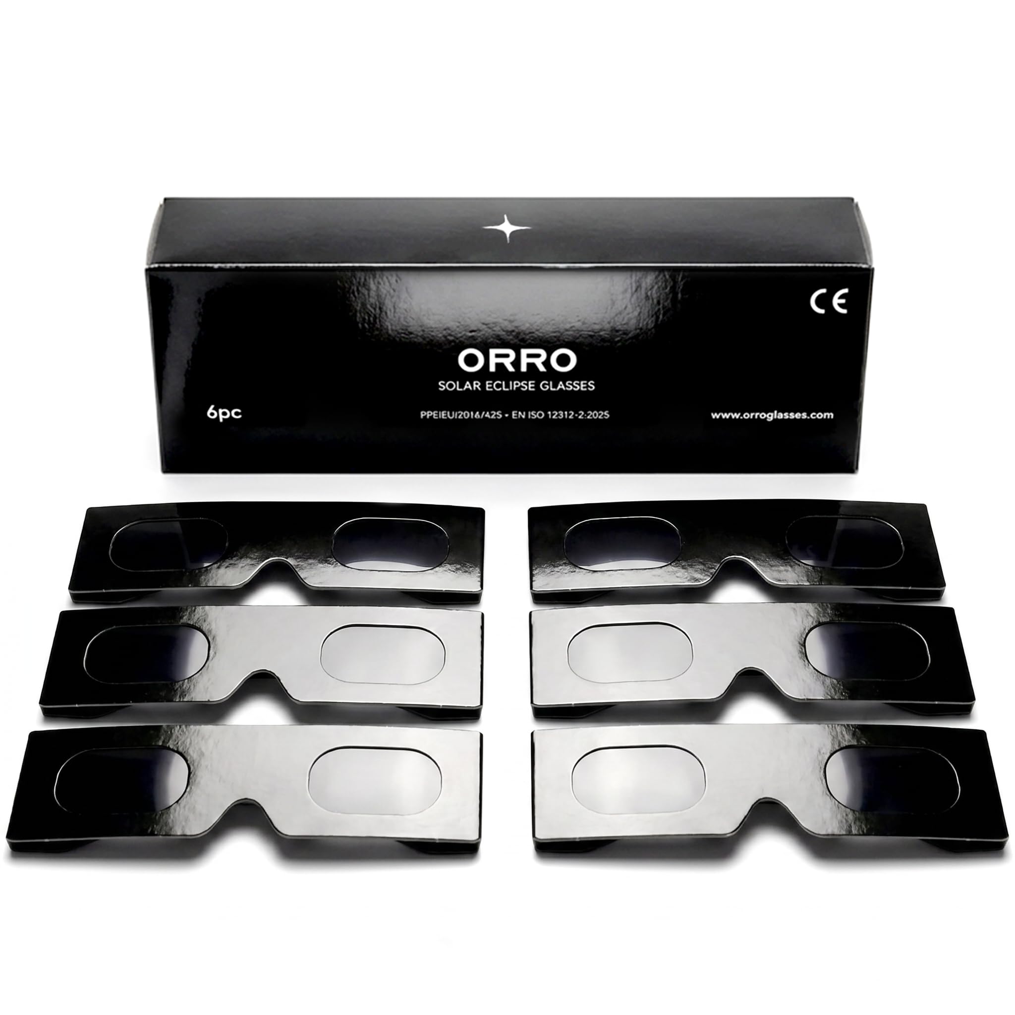 ORRO Gafas para Eclipse Solar de 45 mm, Pack de 2/6/12, Negras, Se Ajustan sobre Gafas Graduadas, Protección Ocular Certificada, Ensayadas según EN ISO 12312-2:2015, Marcado CE - Ajuste Edge