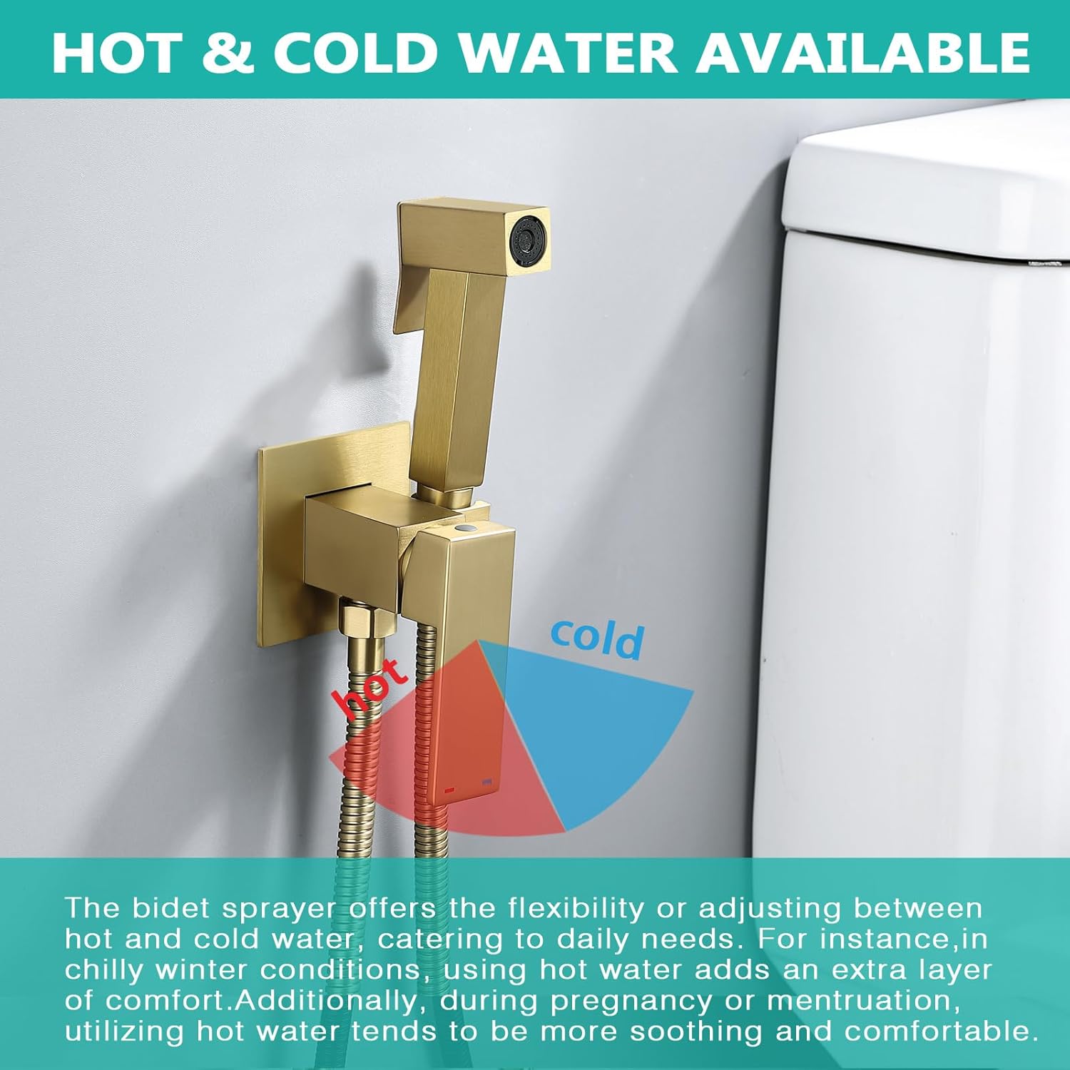 BARROCK Warm Water Bidet Sprayer Faucet for Toilet with Hot and Cold Brass Rough-in Valve, Stainless Steel Square Handheld Bidet Attachment Set For Feminine, Pets and Baby Diaper Washing, Brushed Gold