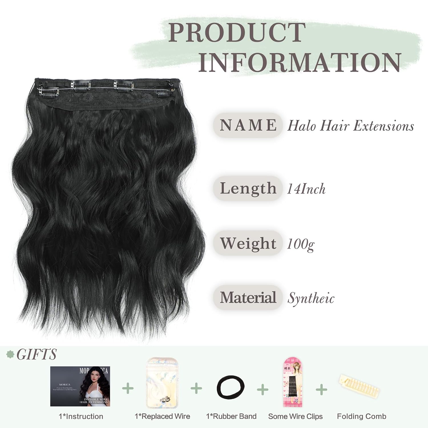 MORICA Invisible Wire Hair Extensions, Natural Black, 14 Inch image 2
