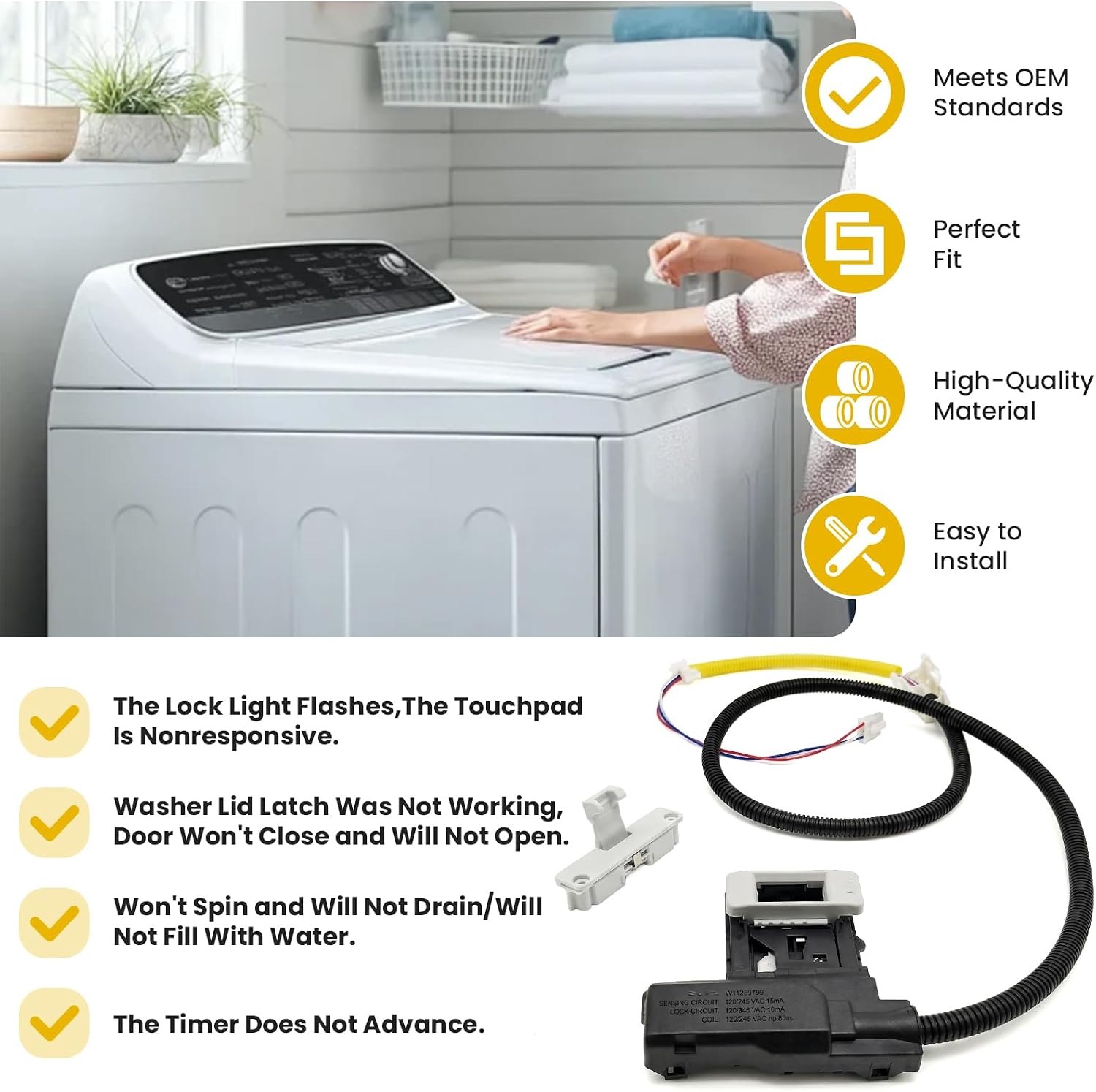 W11307244 NTW4516FW MVWC565FW Lid Lock Compatible With Amana Washer Machine | NTW4516FW3 NTW4516FW2 NTW4516FW1 W10682535 W10837741 MVWC565FW1 MVWC565fW0 W11253733 Washer Lid Lock Switch