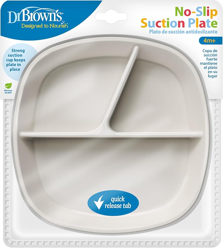 No-Slip Suction Plate for Baby and Toddler, 4m+, 1-Pack, Gray | Dr. Brown's Designed to Nourish, No-Slip Suction Plate for Babies and Toddlers, 3 Divided Sections, BPA-Free, 4m+, 1-Pack