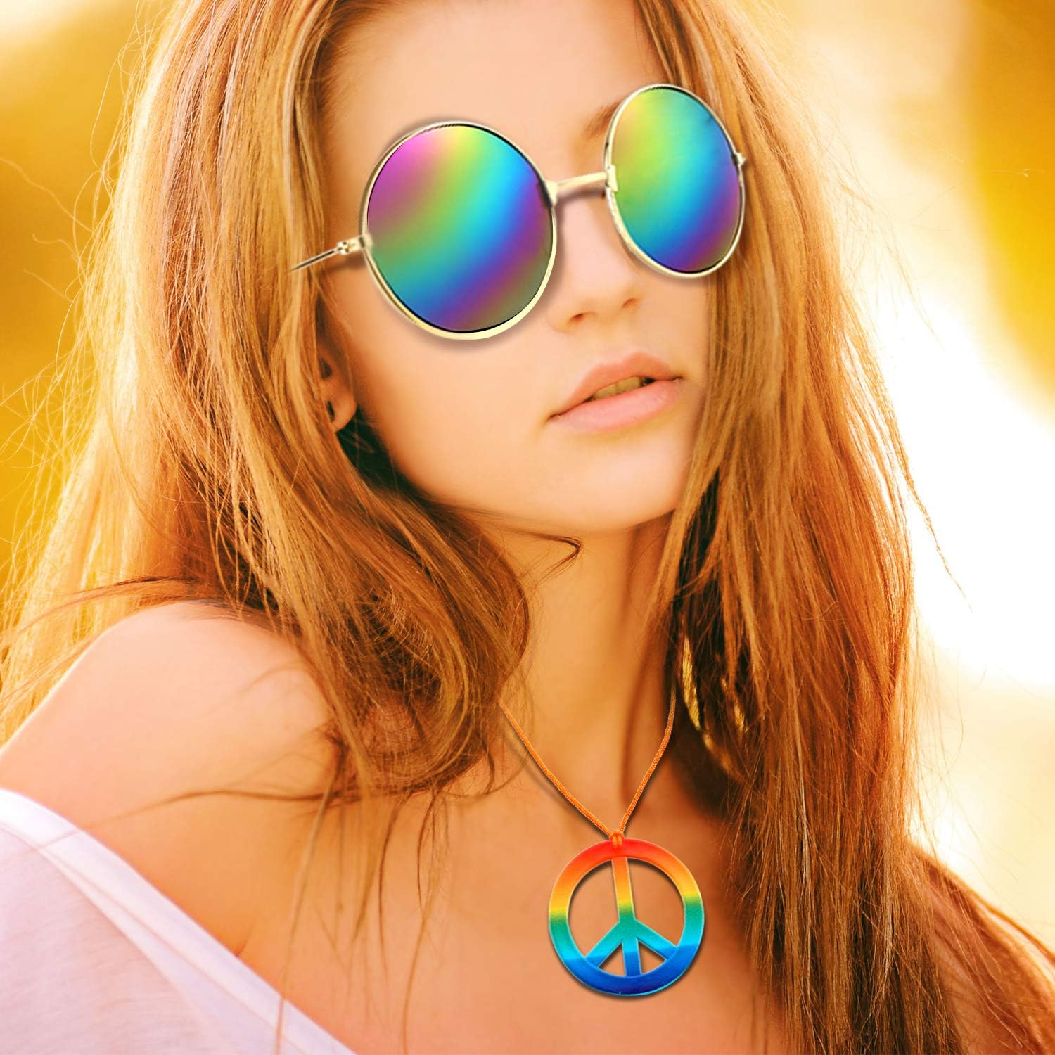 12 Pcs Hippie Costume Accessory Set 60s 70s 4 Pairs Hippie Sunglasses 4 Pcs Daisy Headband 4 Pcs Peace Sign Necklace - Image 3