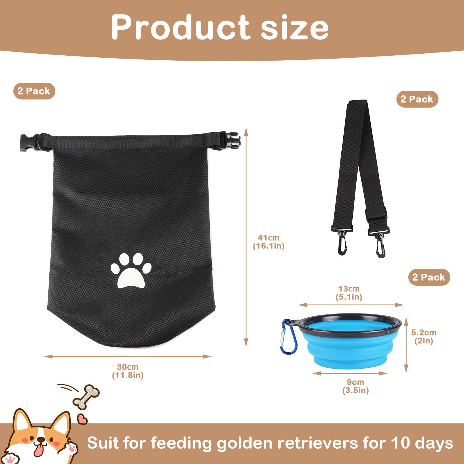Lot de 2 sacs de voyage compacts pour chien, 4,98 kg, avec bols pliables, design anti-fuite pour voyages en voiture, camping, sorties d'une journée (rouge)