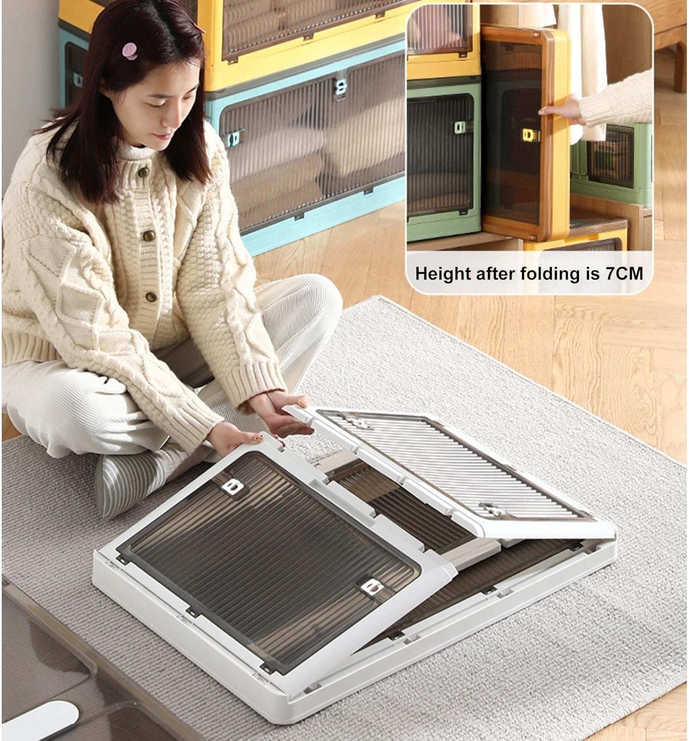 Cajas de Almacenamiento Grandes de plástico Transparente y Plegables con Tapa, Asas y Ruedas, Ideales para guardarropas, comestibles y alacenas. Ahorra Espacio, Azules (73 x 49 x 40 cm).