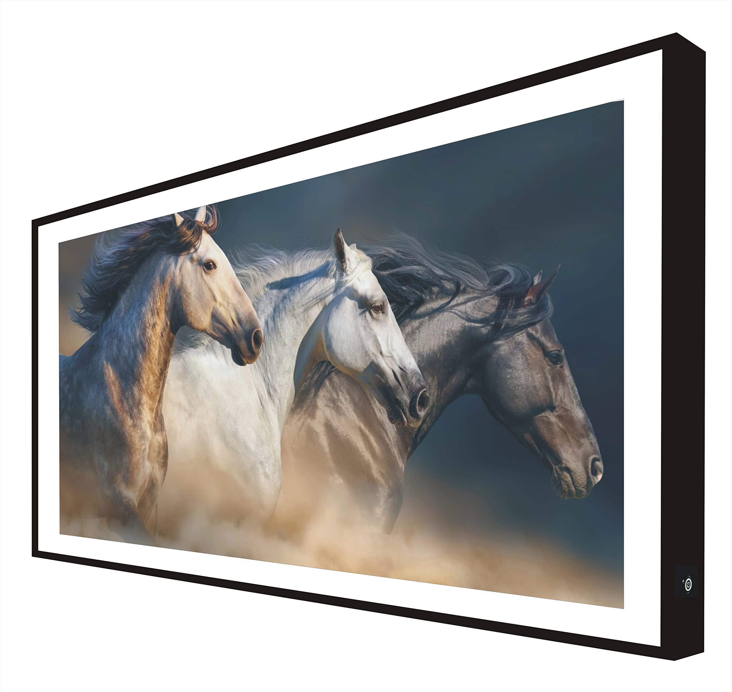 Cadre en bois laqué noir rétroéclairé chevaux pour illuminer vos soirées au salon