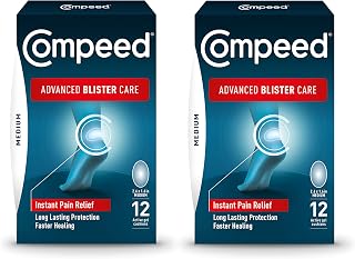 Compeed Advanced Blister Care Hydrocolloid Bandage Cushions 12 Count Medium Pads (2 Packs), Heel & Foot Blister Patches, Blister Prevention & Treatment Help, Waterproof, Packaging May Vary