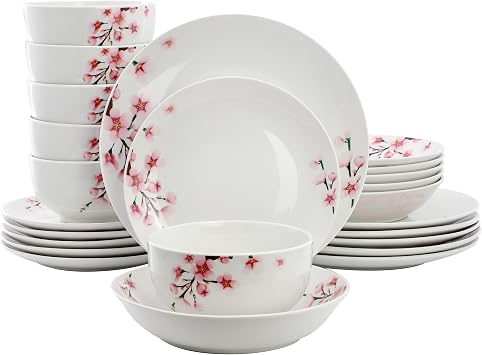 Elama Tamara 24 Piece Cherry Blossom Porcelain Dinnerware Set, Service for 6 in White and Pink