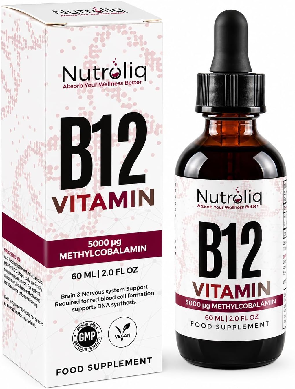 Nutroliq Vitamin B12 Liquid Drops - High-Strength 5000mcg Methylcobalamin Supplement - Energy Booster, Immune System Support, Better Concentration and Metabolism - Vegan & Vegetarian Formula - 60ml