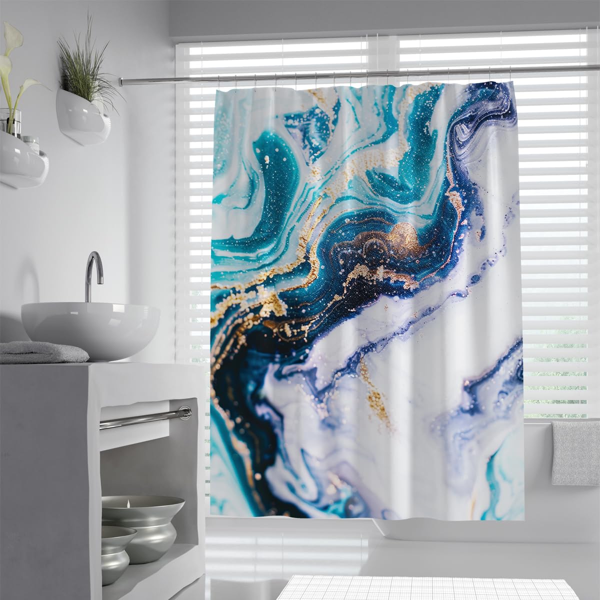 UIRINGART Agate Shower Curtain W150xL200cm Modern Teal Deep Blue Mineral Gold Foil Texture Swirls Anti Mould Proof Resistant Fabric Home Bathroom Curtains