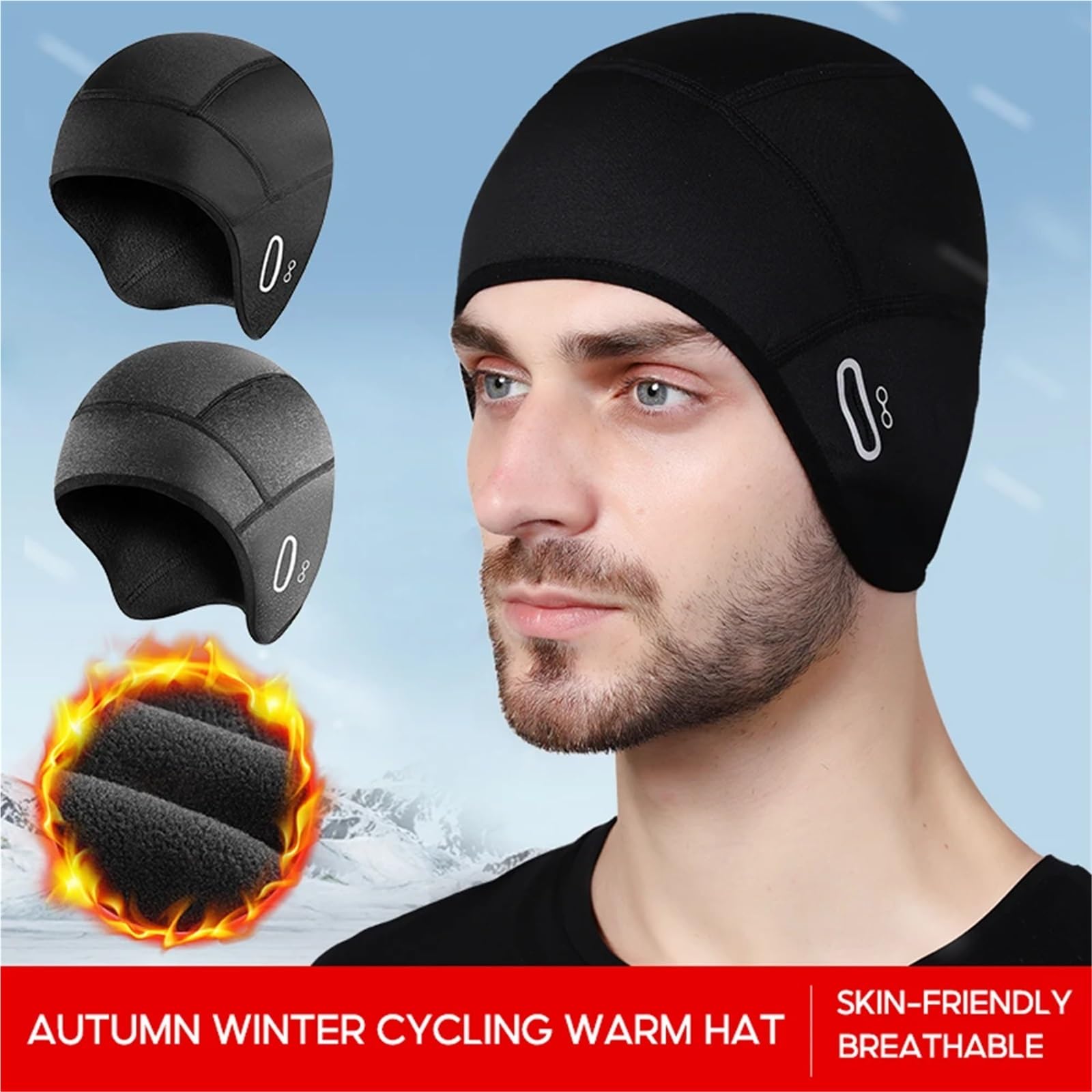 Cappello caldo da ciclismo invernale all'aperto, foderato con protezione for le orecchie, cappello antivento, alpinismo e sci, a prova di freddo per Ciclismo(Black)