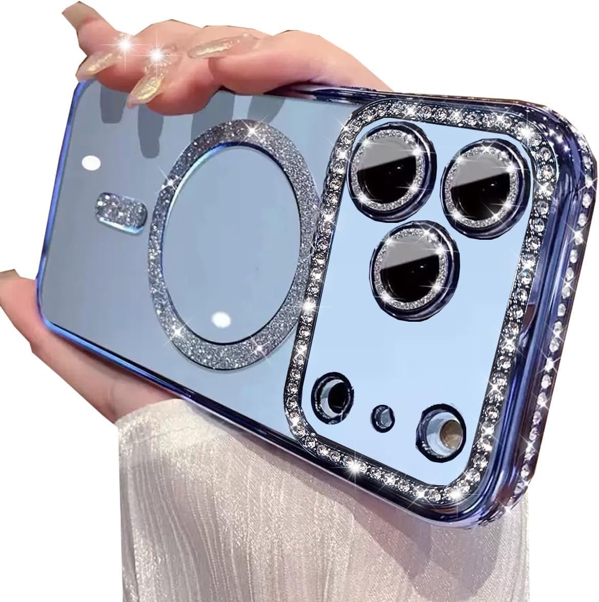 Magnetic Clear Glitter Case for iPhone 17 Pro Max,[Compatible with MagSafe] Cute Bling Sparkly Diamond Rhinestones with Camera Protector TPU Bumper Women Girls Case for iPhone 17 Pro Max,Blue - Image 8