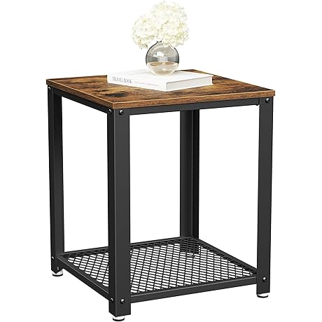 VASAGLE 18x18 Square Side Table with Storage, Mesh Shelf, Adjustable Feet, Industrial...