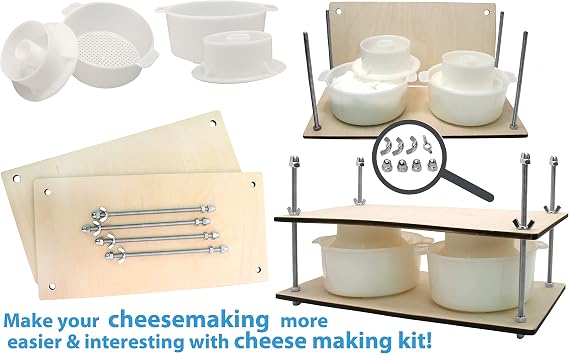 Wooden Cheese Press for Cheese Making Supplies 16in Metal Guides and 2 pcs Cheese Mold with Follower Piston 1.3Qt - large Home Supply Ultimate Cheese Press Machine - Prensa Para Queso Casero