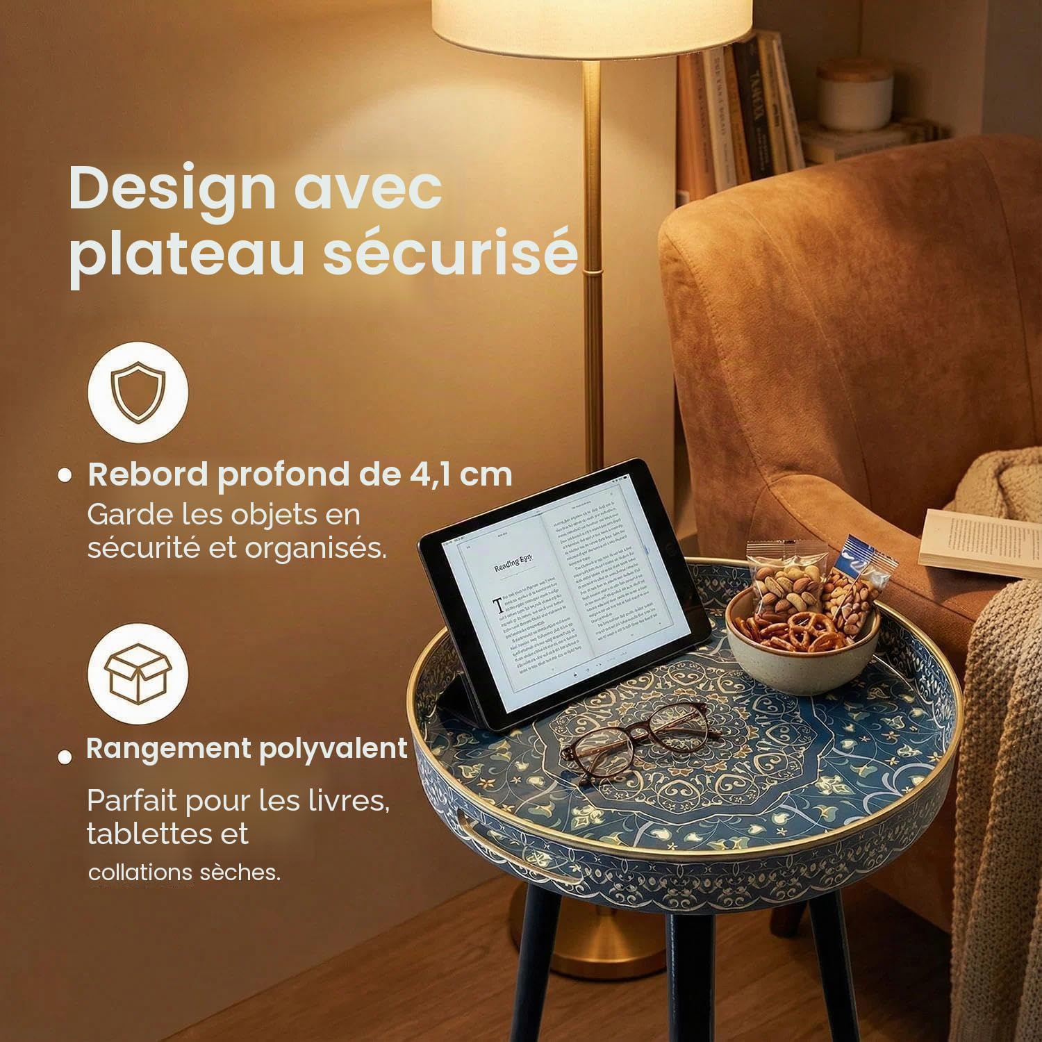 Tables d'appoint rondes d'extérieur avec 3 pieds en bois détachables, table plateau polyvalente, parfaite pour table basse ronde à café et à thé, et moment de détente 45 cm (Bleu Maze)