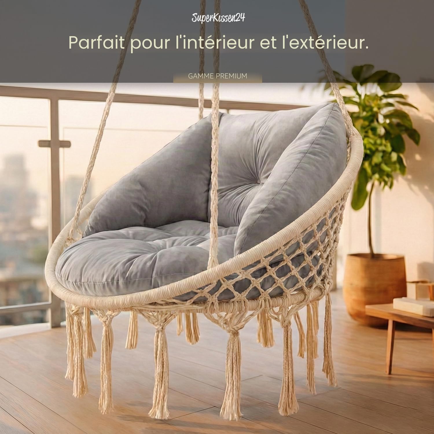 SuperKissen24. Coussin de Fauteuil Suspendu - Coussin Fauteuil Jardin - Oreillers de Oeuf Suspendu - Coussin Rond - Oreiller Moelleux - Argent